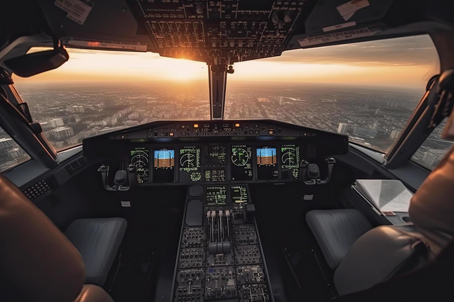 Cockpit of modern passenger jet aircraft. Pilots at work. Aerial view of modern city business district and sunset sky photo