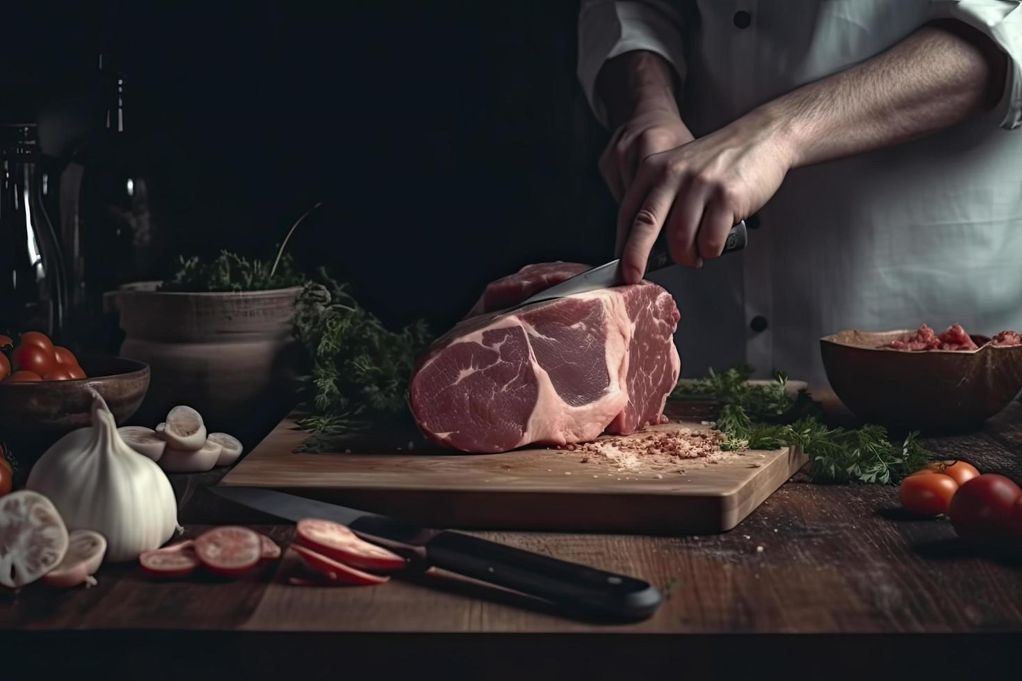 Cook cuts meat with a knife in the kitchen prepares food. Vegetables and spices on the kitchen table in a restaurant to prepare a delicious lunch photo