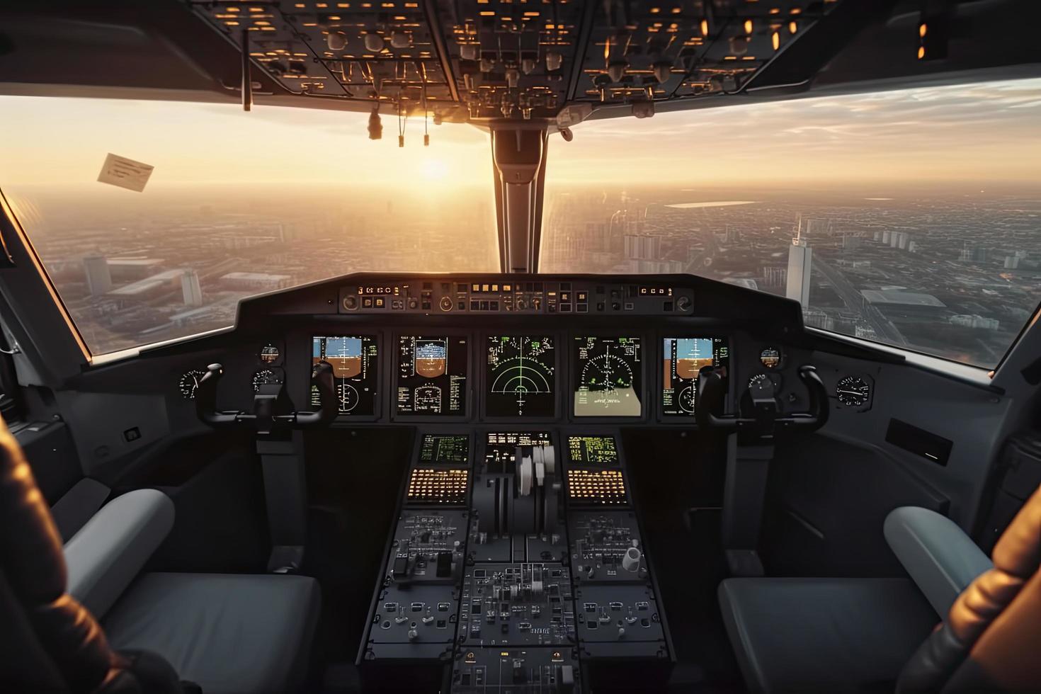 Cockpit of modern passenger jet aircraft. Pilots at work. Aerial view of modern city business district and sunset sky photo