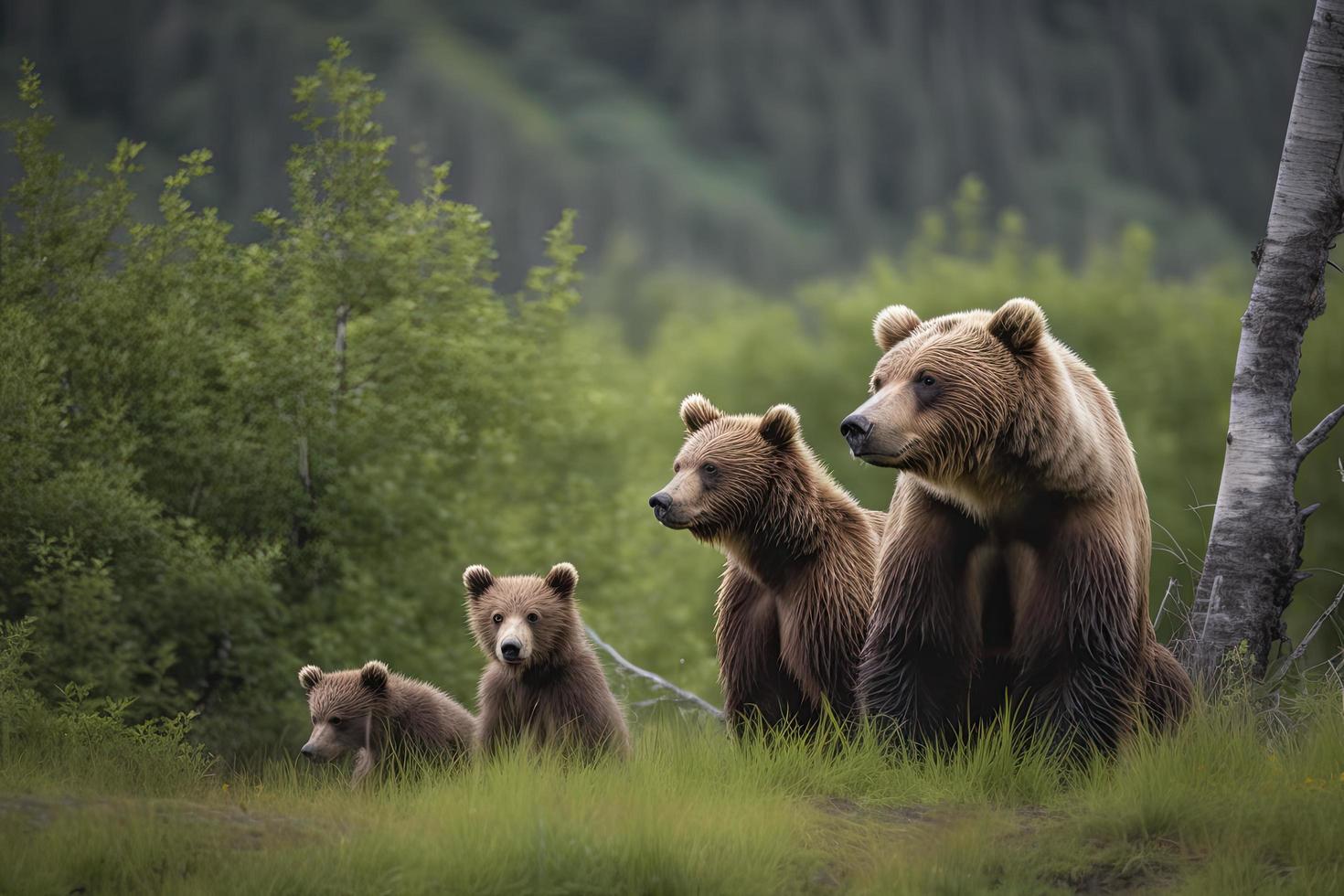 Brown Bear and Two Cubs against a Forest and Mountain Backdrop at Katmai National Park, Alaska photo