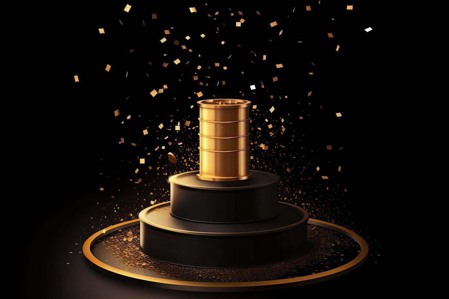 Golden podium with a spotlight on a dark background, falling golden confetti, first place, fame and popularity photo