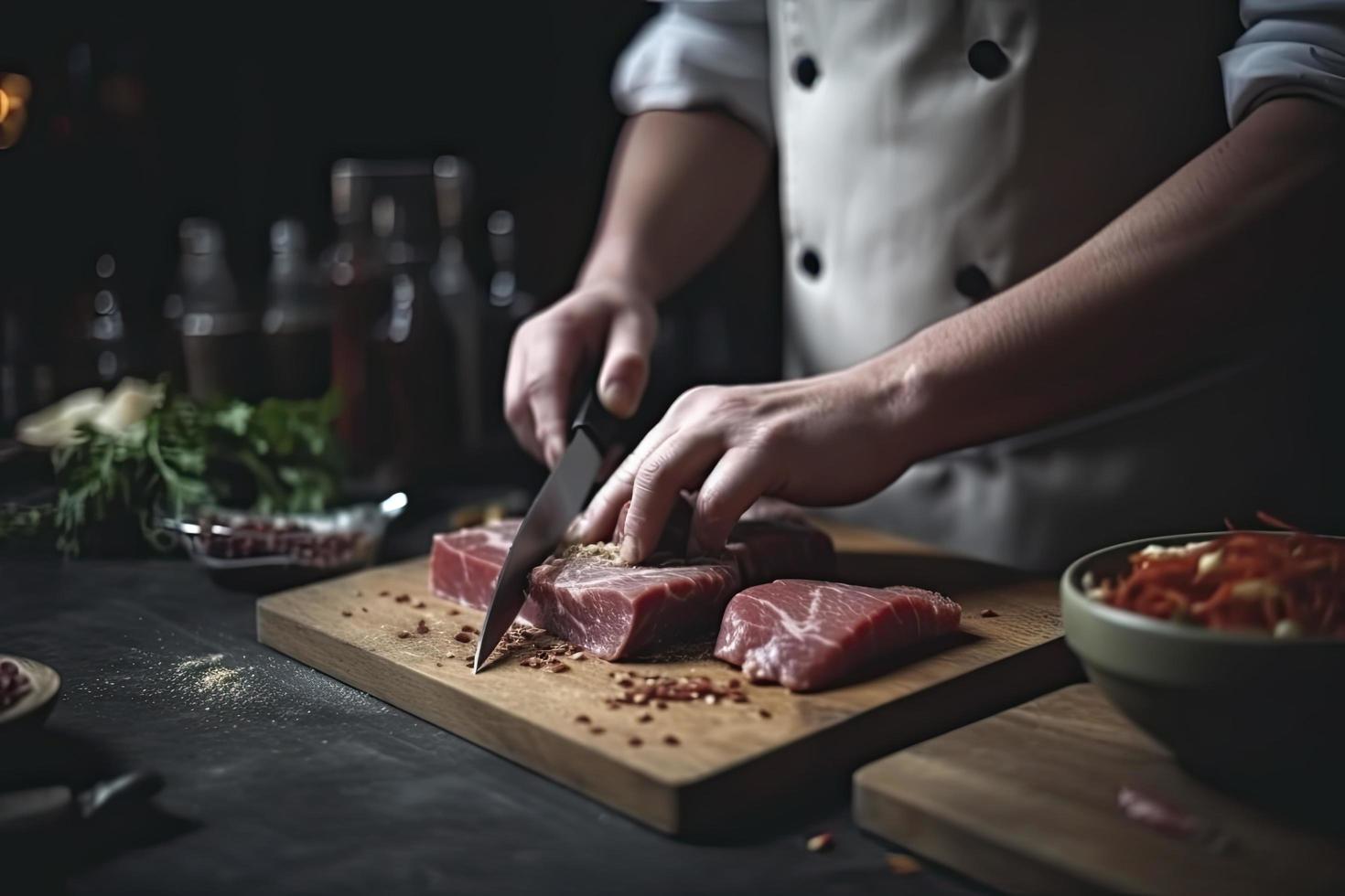Cook cuts meat with a knife in the kitchen prepares food. Vegetables and spices on the kitchen table in a restaurant to prepare a delicious lunch photo