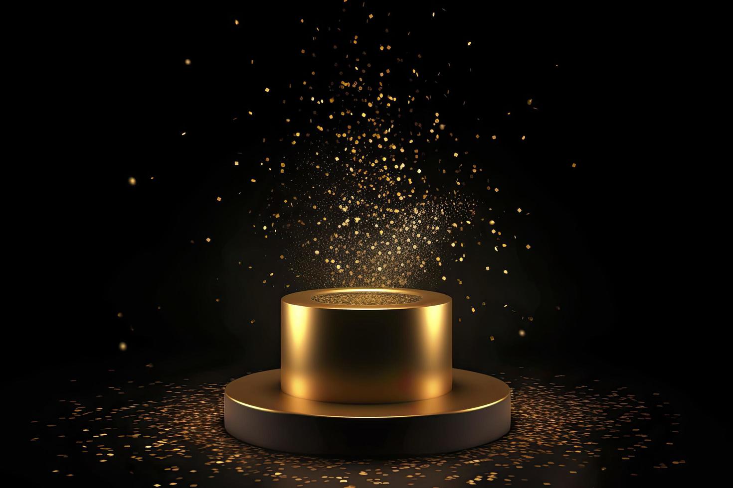 Golden podium with a spotlight on a dark background, falling golden confetti, first place, fame and popularity photo