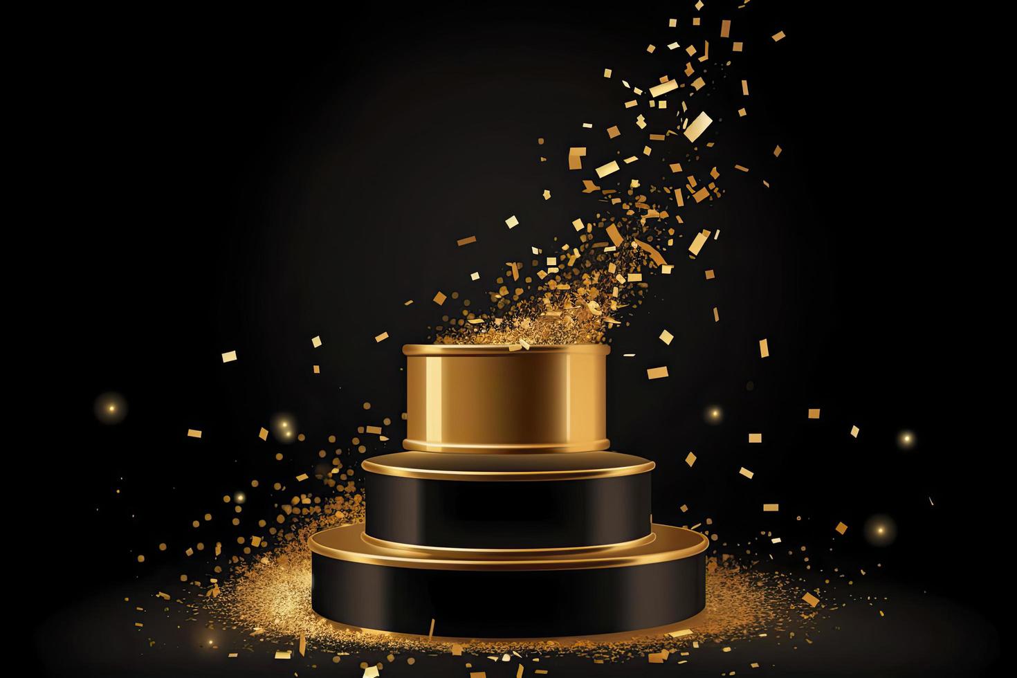 Golden podium with a spotlight on a dark background, falling golden confetti, first place, fame and popularity photo