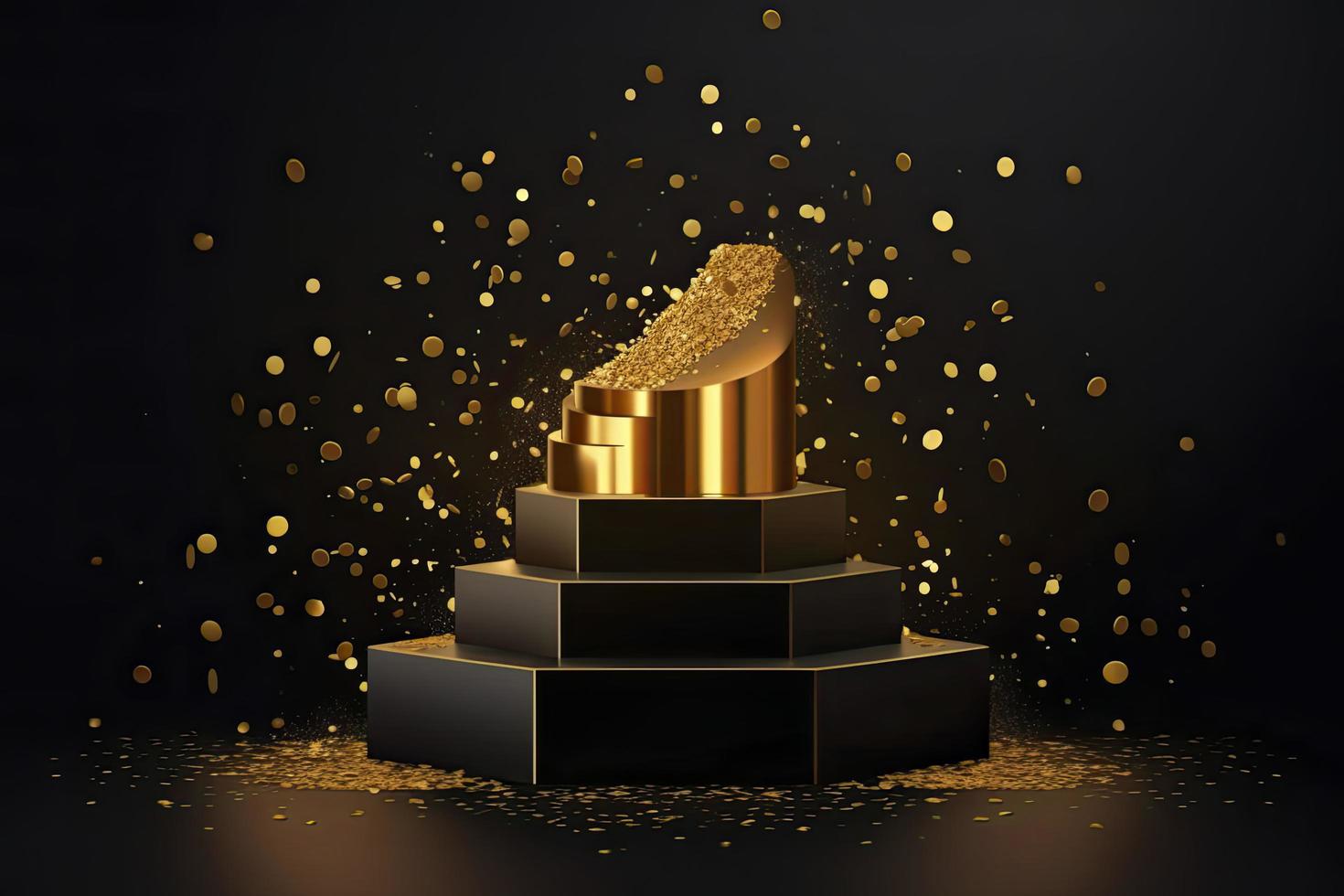 Golden podium with a spotlight on a dark background, falling golden confetti, first place, fame and popularity photo