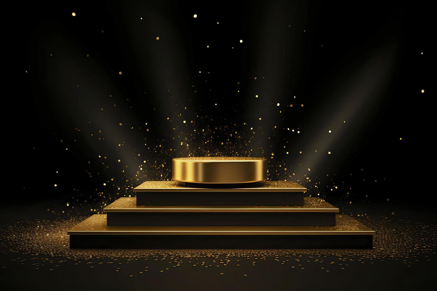 Golden podium with a spotlight on a dark background, falling golden confetti, first place, fame and popularity photo