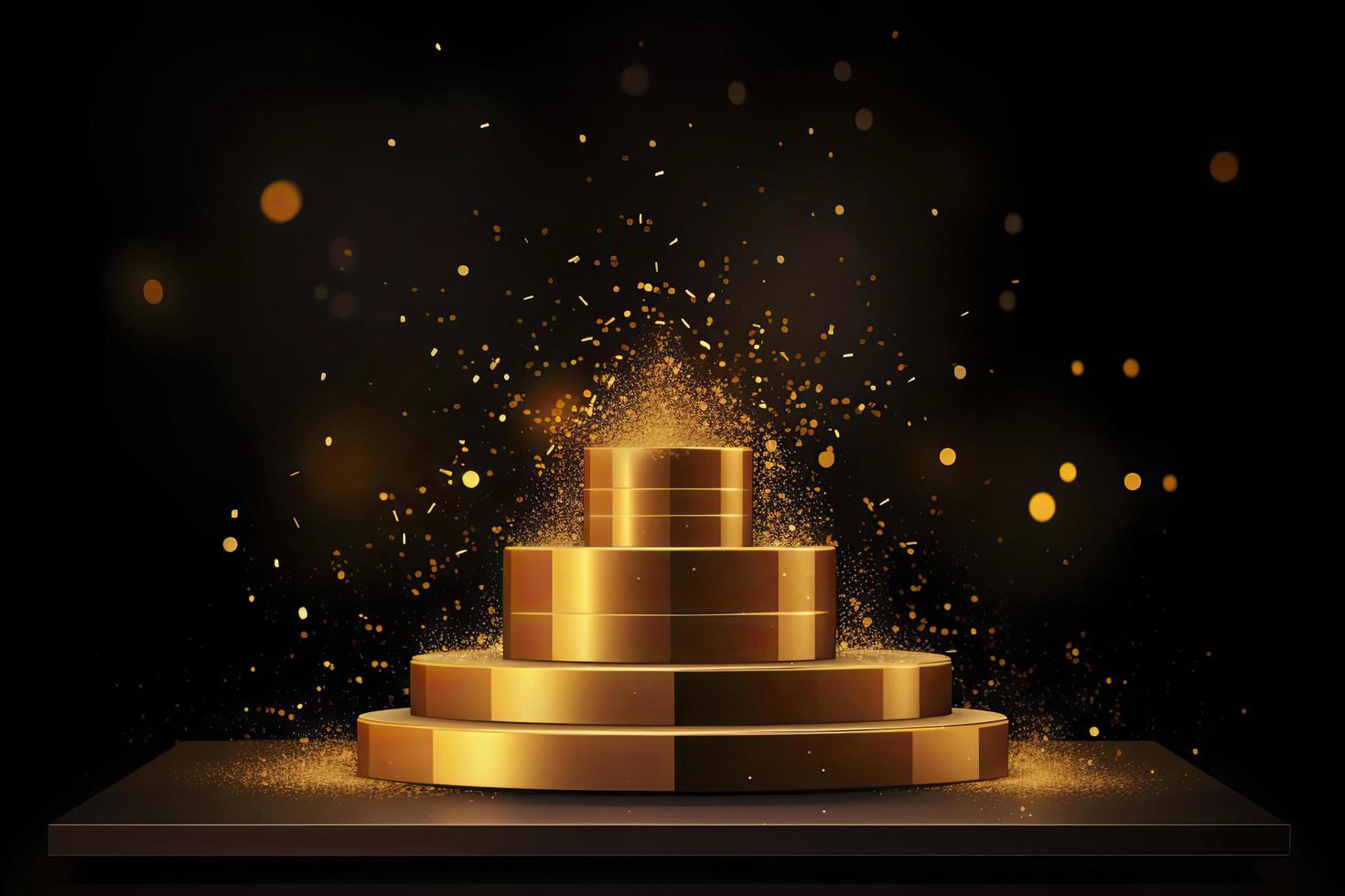 Golden podium with a spotlight on a dark background, falling golden confetti, first place, fame and popularity photo