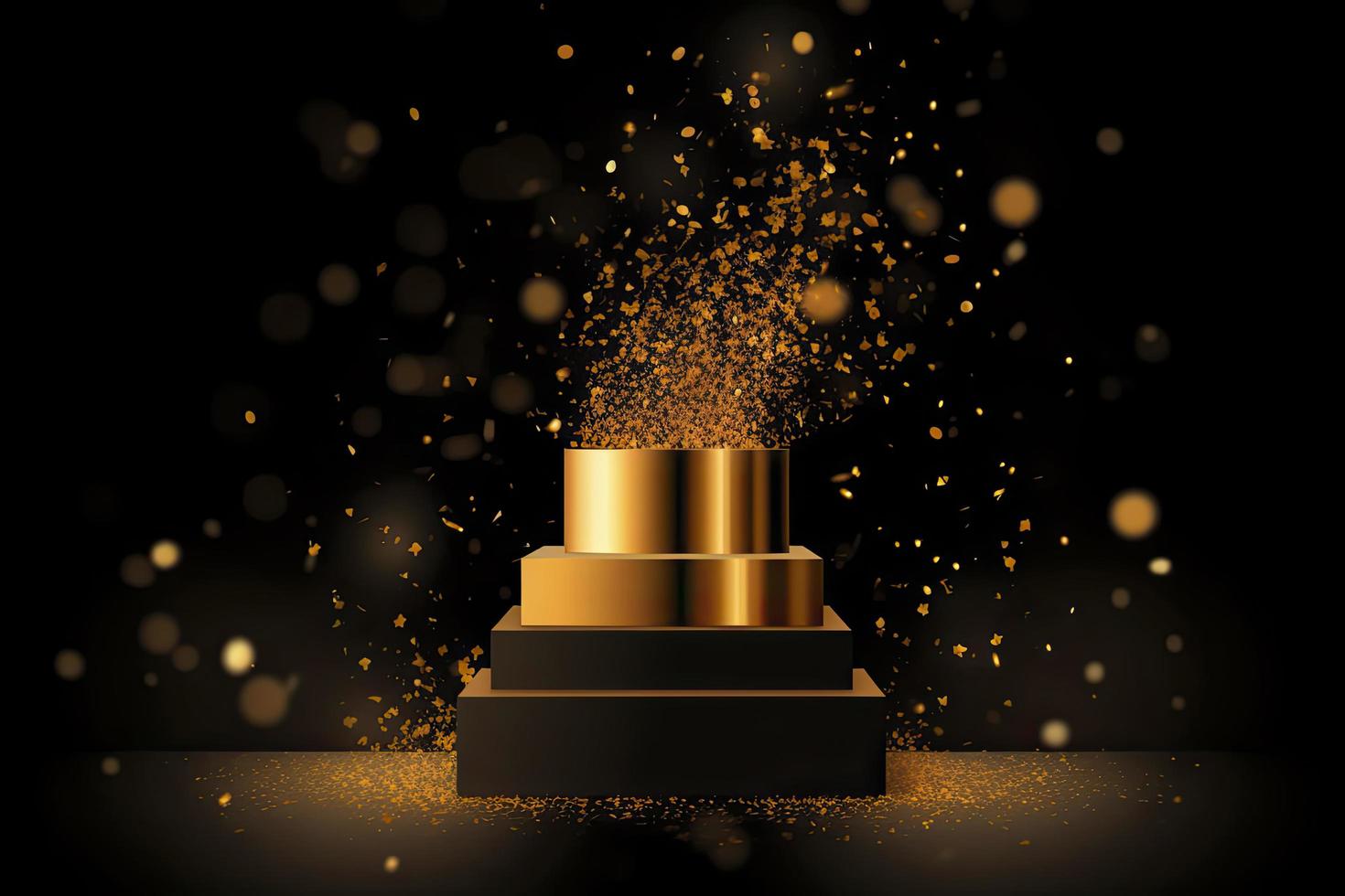 Golden podium with a spotlight on a dark background, falling golden confetti, first place, fame and popularity photo