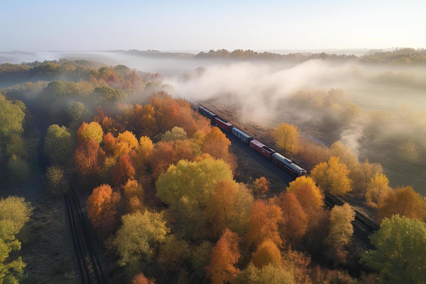 Aerial view of freight train in beautiful forest in fog at sunrise in autumn. Colorful landscape with railroad photo
