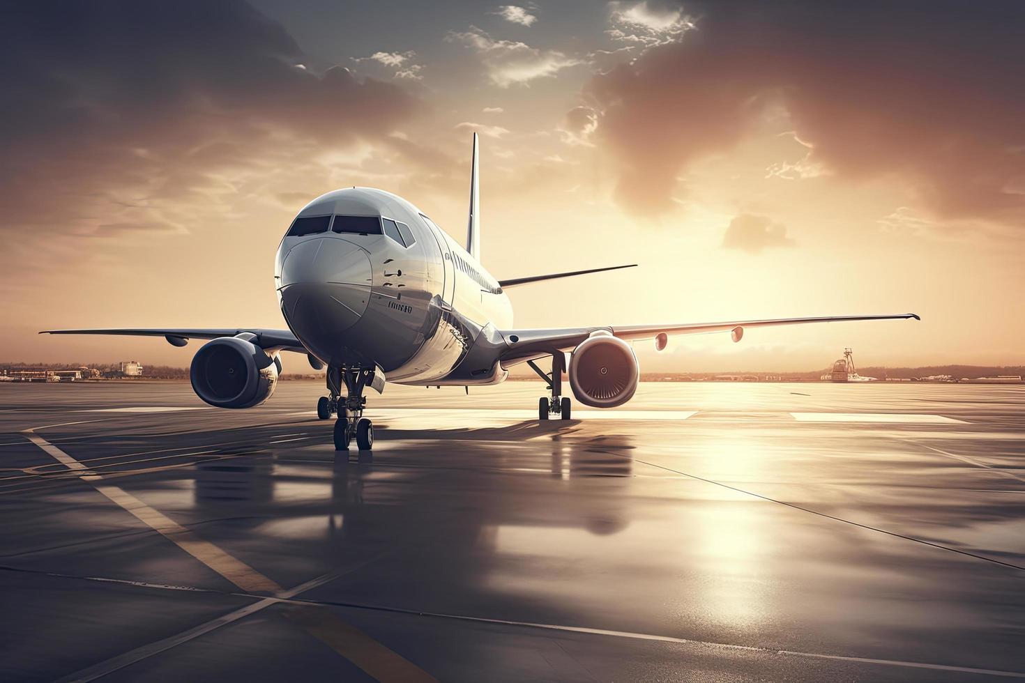 Huge two storeys commercial jetliner taking of runway. Modern and fastest mode of transportation photo