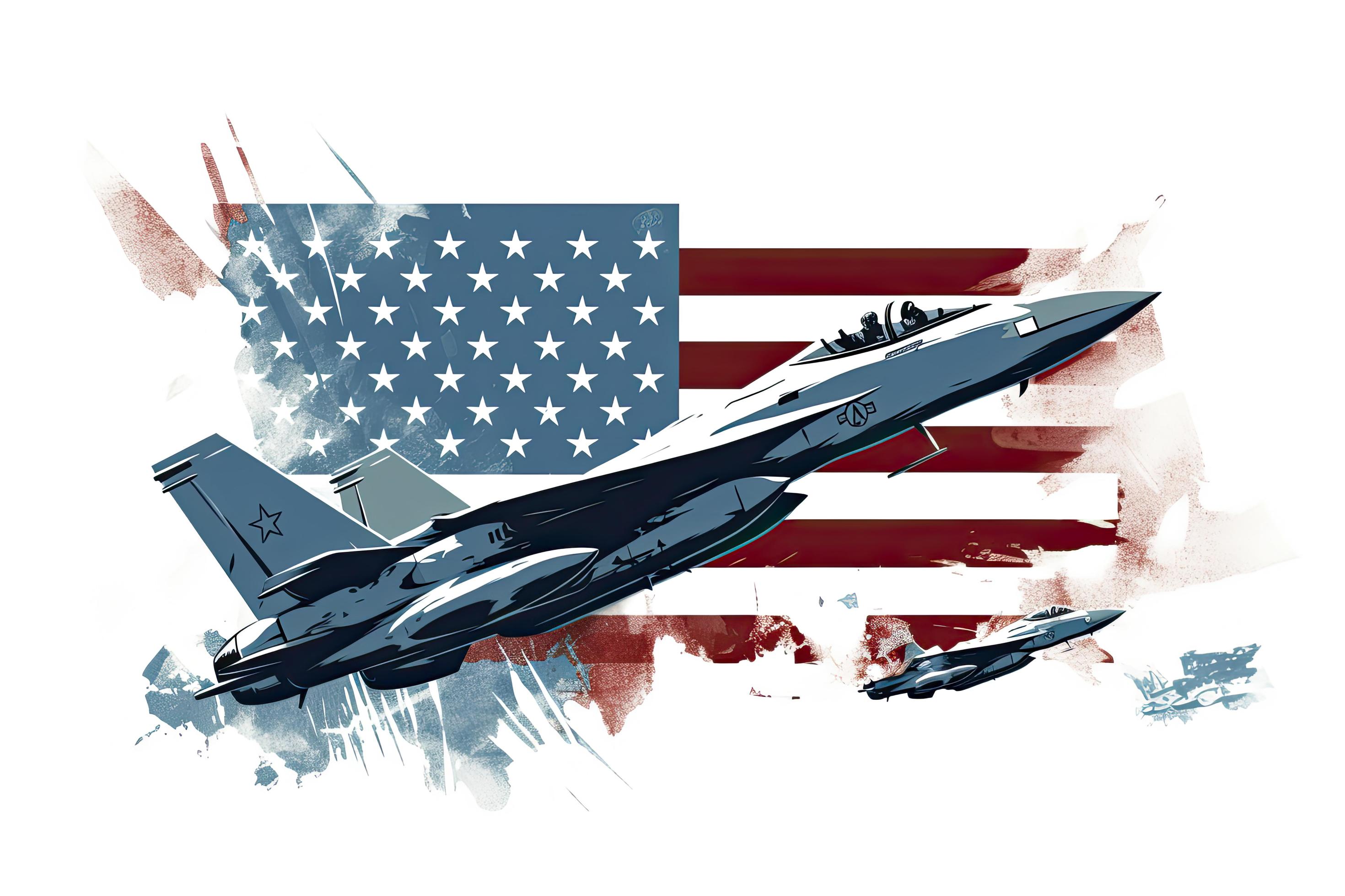 American flag with military fighter jets isolated on white background