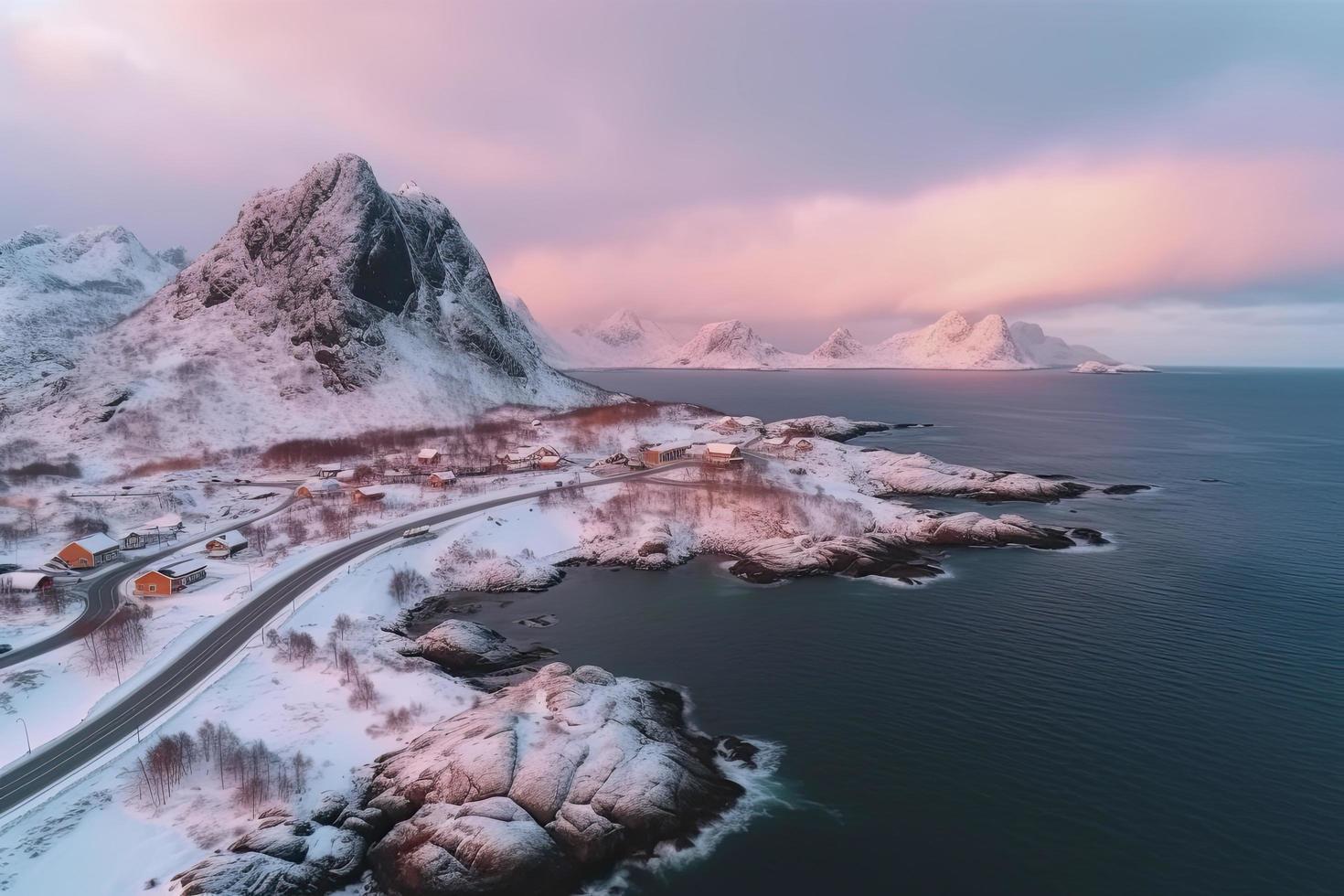 Aerial view of Lofoten islands in winter at sunset in Norway. Landscape with blue sea photo