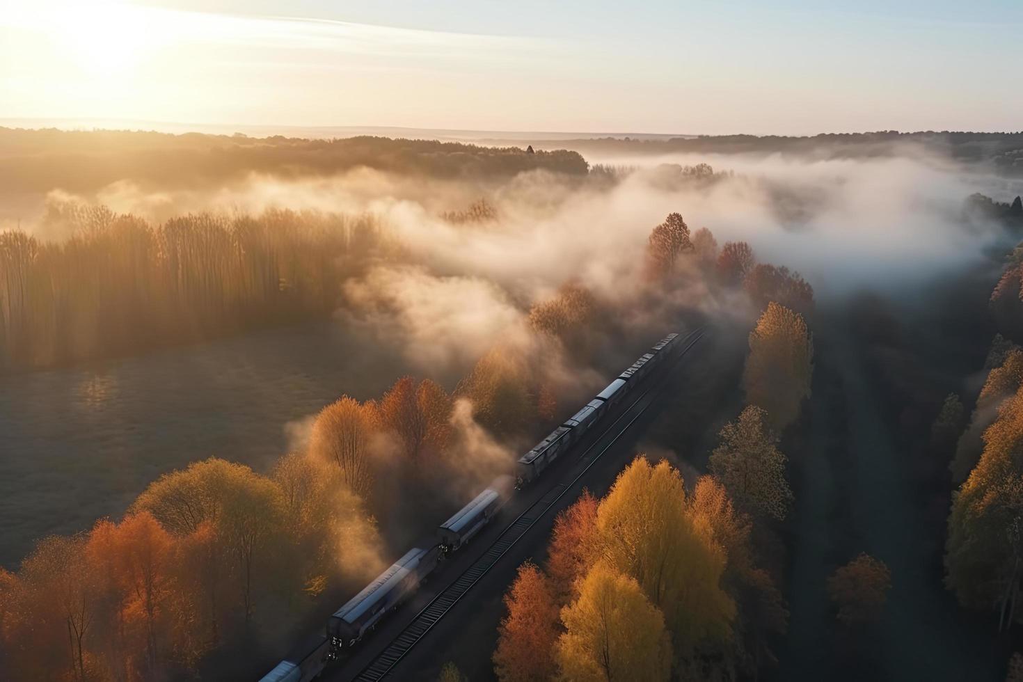 Aerial view of freight train in beautiful forest in fog at sunrise in autumn. Colorful landscape with railroad photo