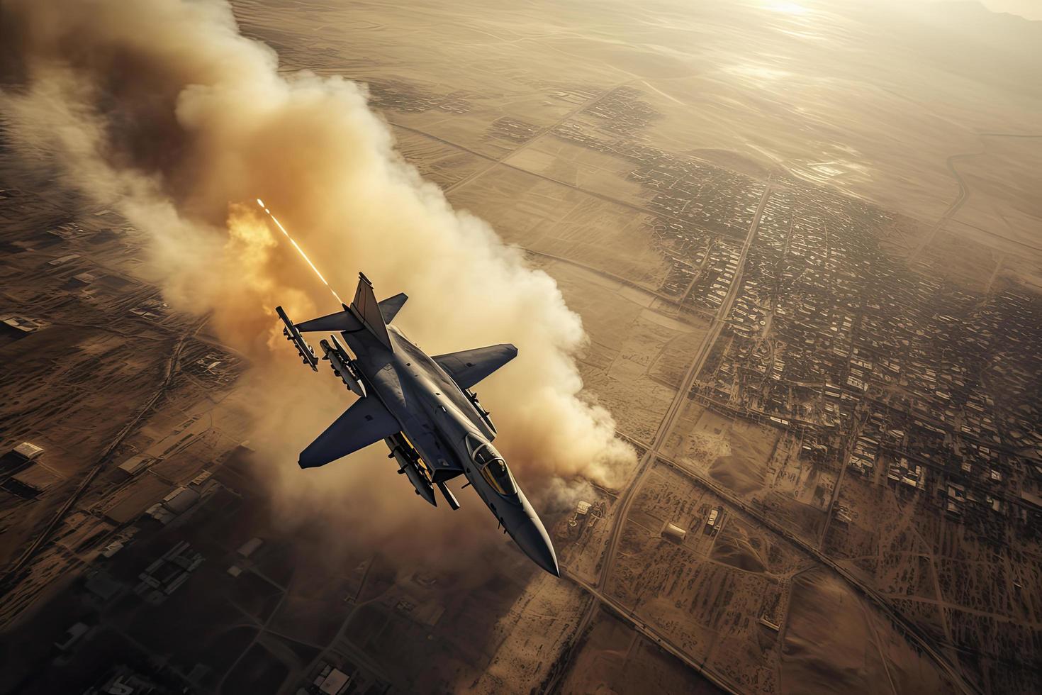 aerial high view of a generic military fighter jet crosses over a target bombing location during a special operation photo