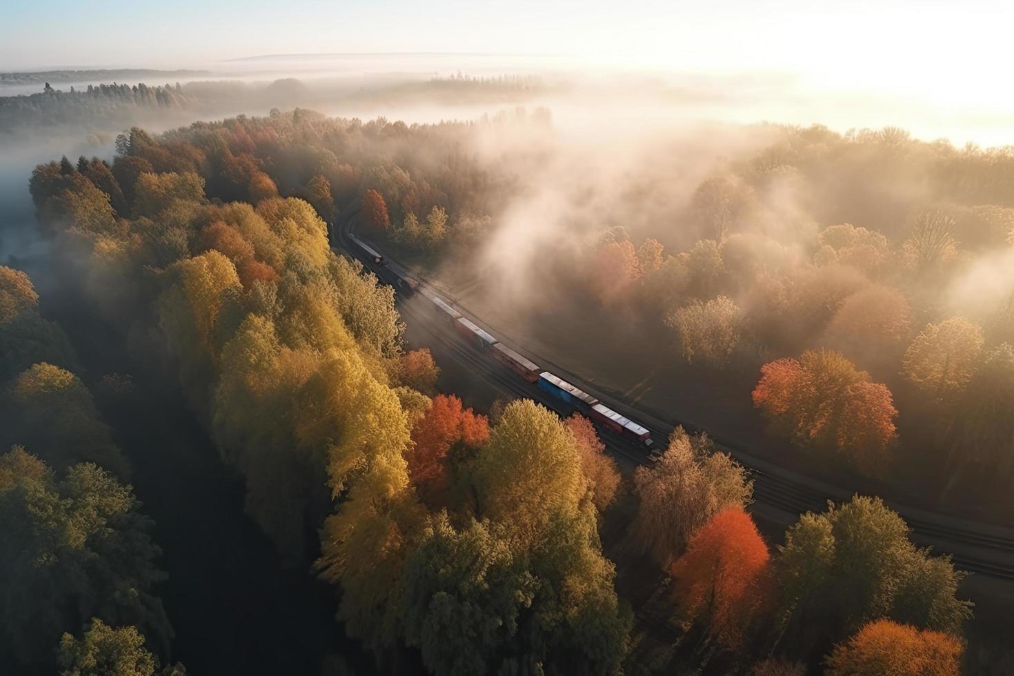 Aerial view of freight train in beautiful forest in fog at sunrise in autumn. Colorful landscape with railroad photo