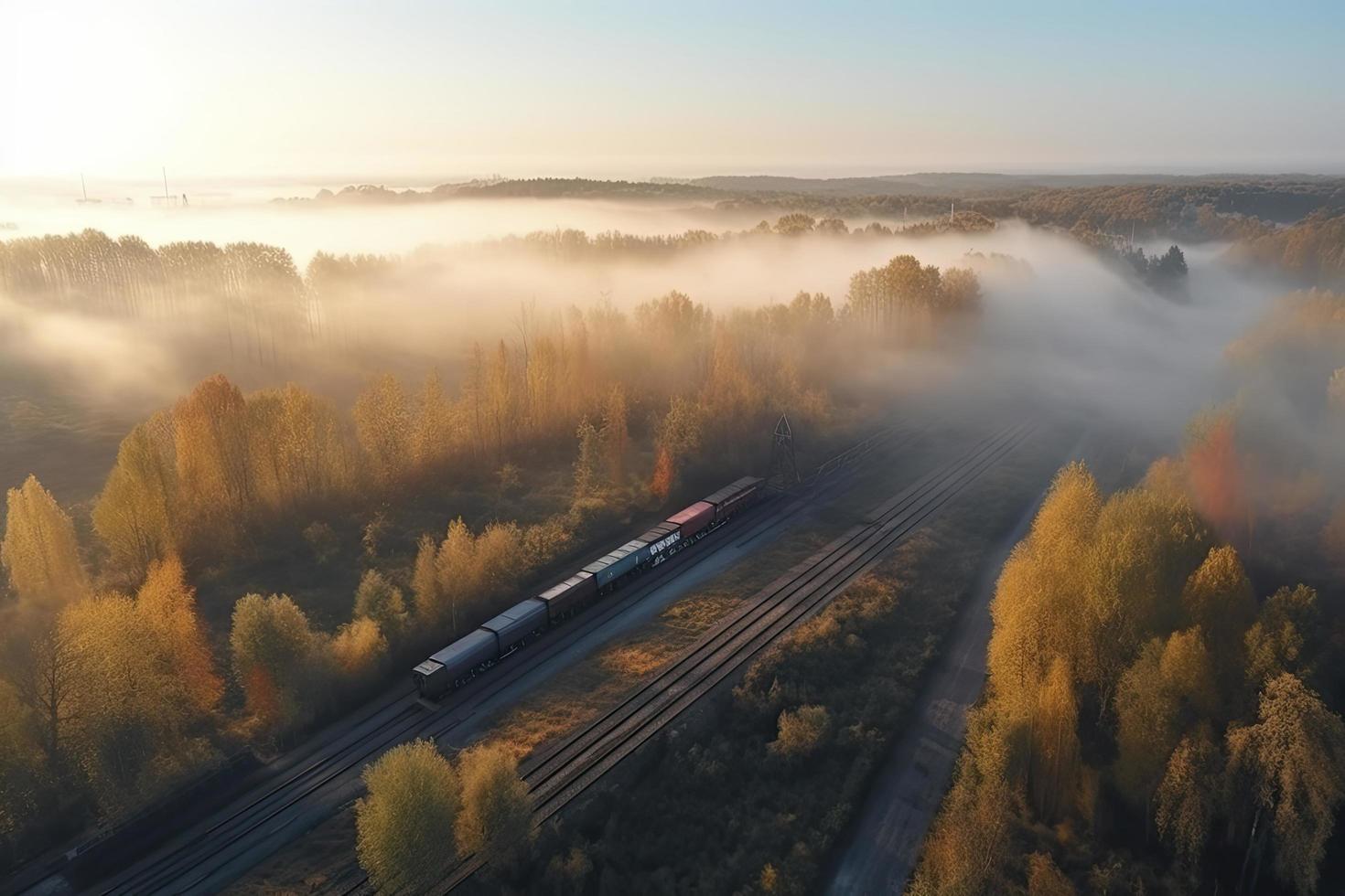 Aerial view of freight train in beautiful forest in fog at sunrise in autumn. Colorful landscape with railroad photo