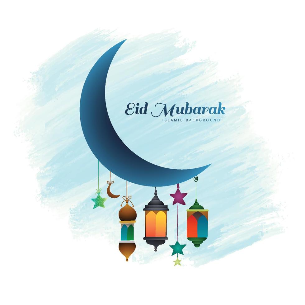 Eid mubarak moon and lamp festival background vector