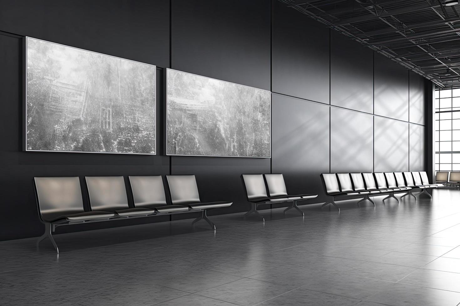 Front view on blank white poster with space for your logo or text on dark gray stone wall in stylish empty airport waiting area hall with stylish seat rows and wooden floor photo