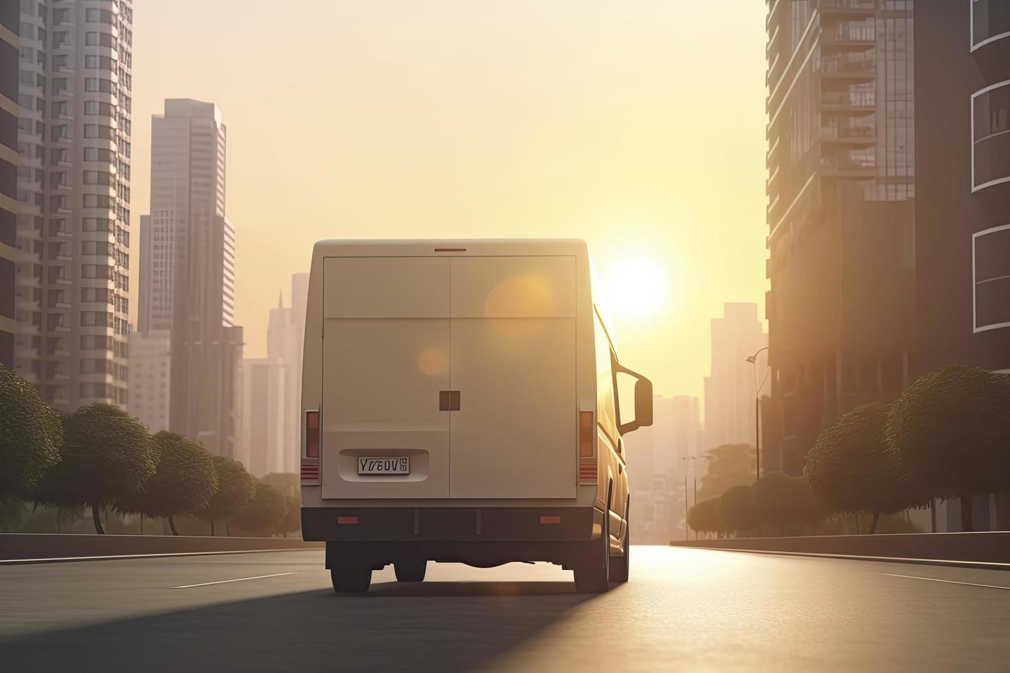 Rear angle view of delivery truck run on the road with sunrise cityscape,fast delivery,cargo logistic photo