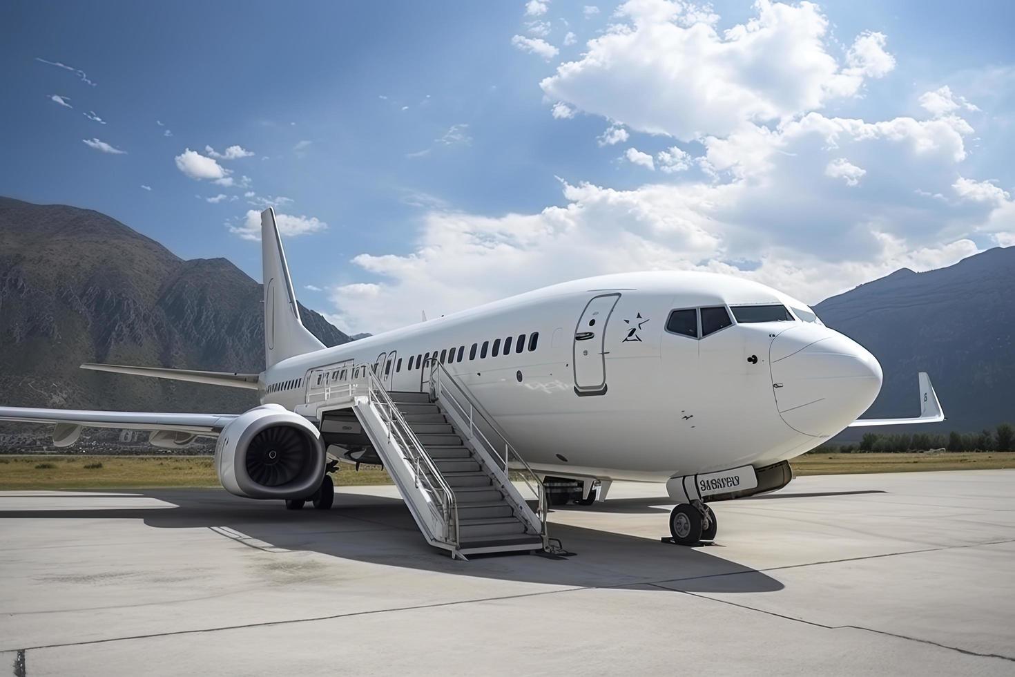 White passenger airplane with air-stairs at the airport apron on the background of high scenic mountains photo