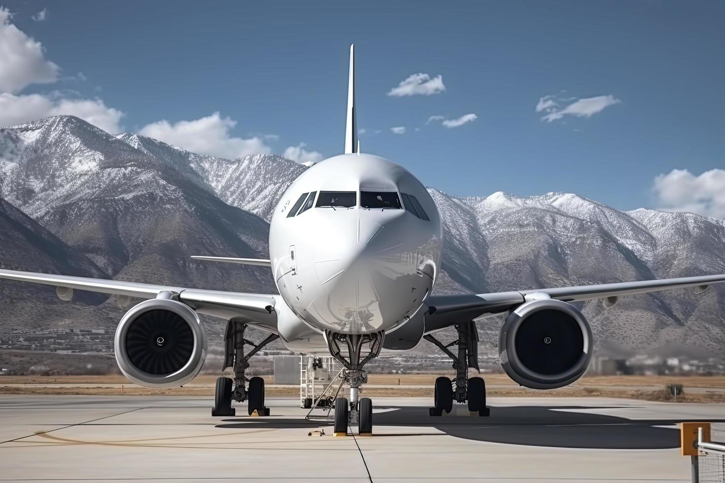 blanco pasajero avión con escaleras de aire a el aeropuerto delantal en el antecedentes de alto escénico montañas foto