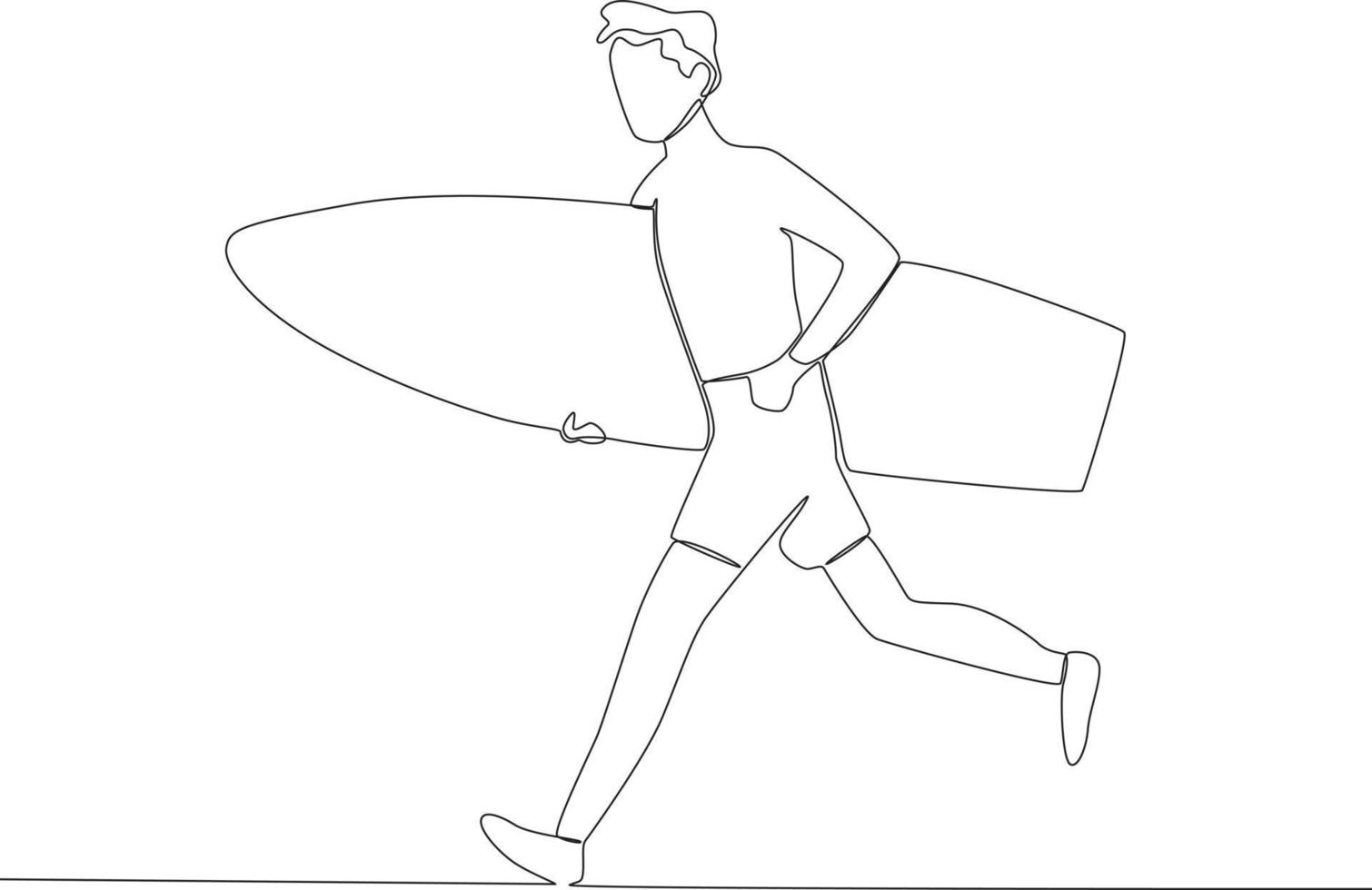 un hombre corriendo con un tabla de surf vector