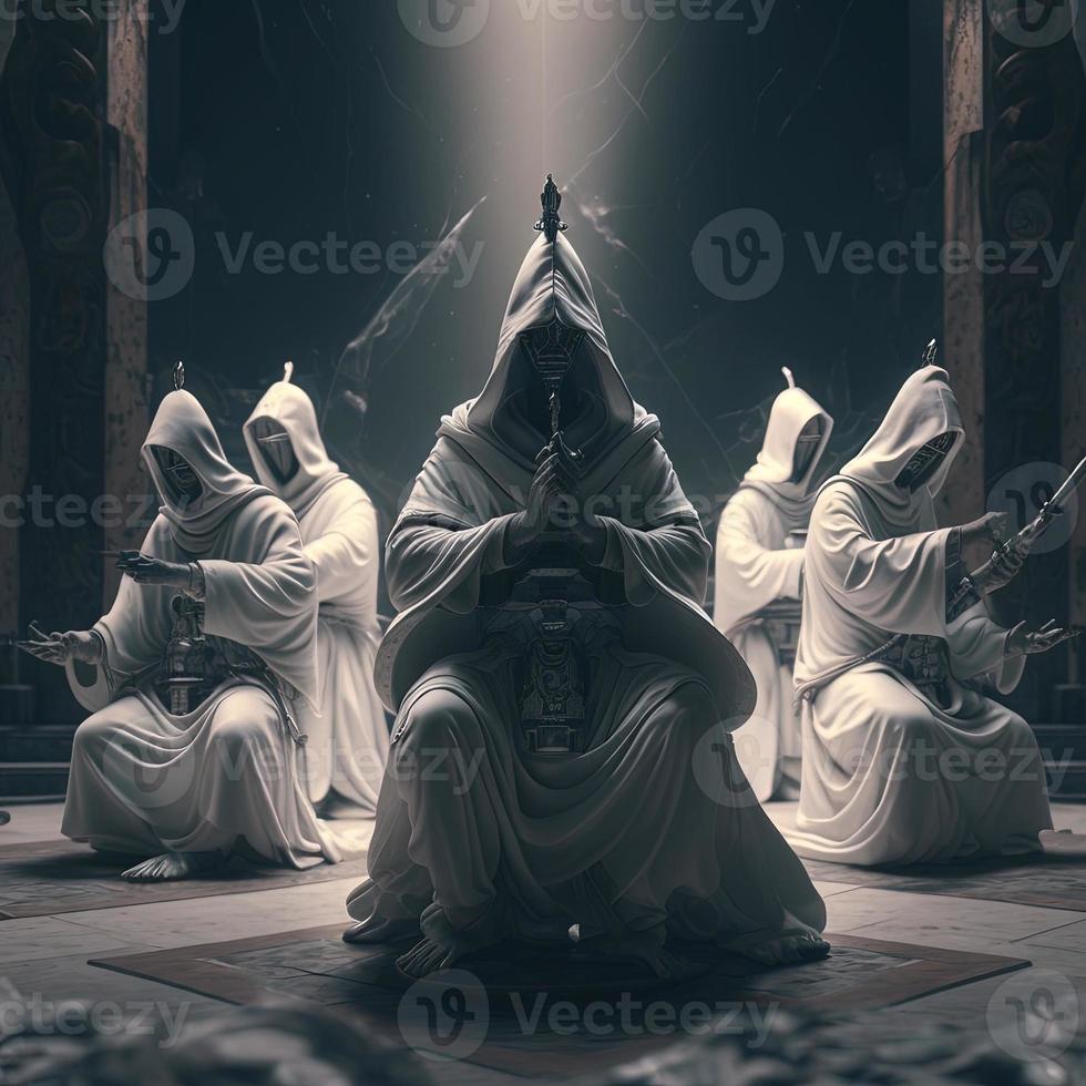 warrior monks in all white robes and hoods meditate photo