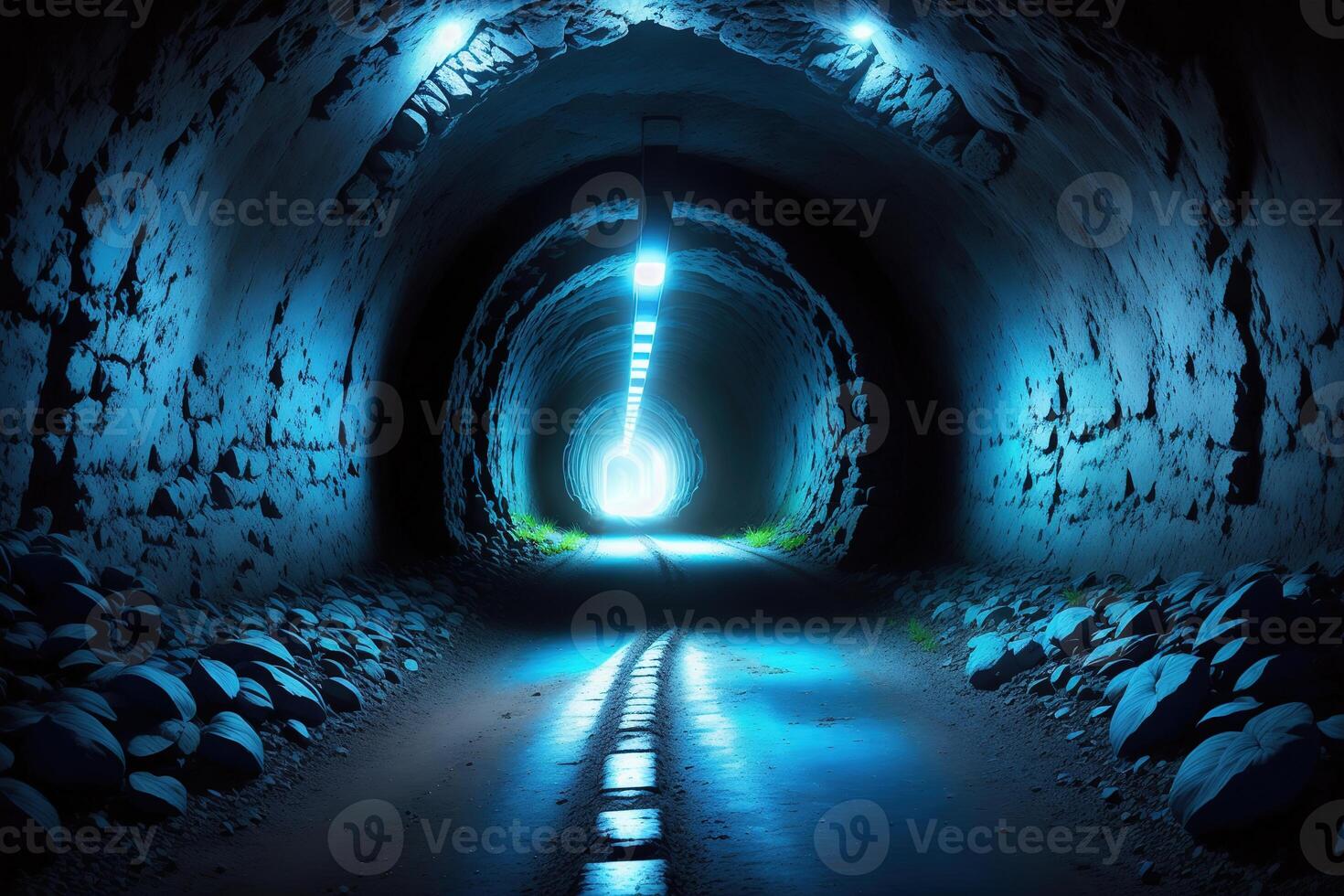 A dark tunnel with a blue light and a blue light photo