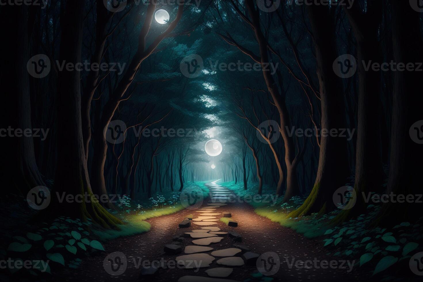 A path in the woods with the moon in the background photo