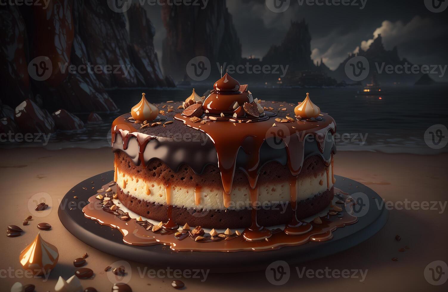 A cake with caramel sauce and nuts on it photo