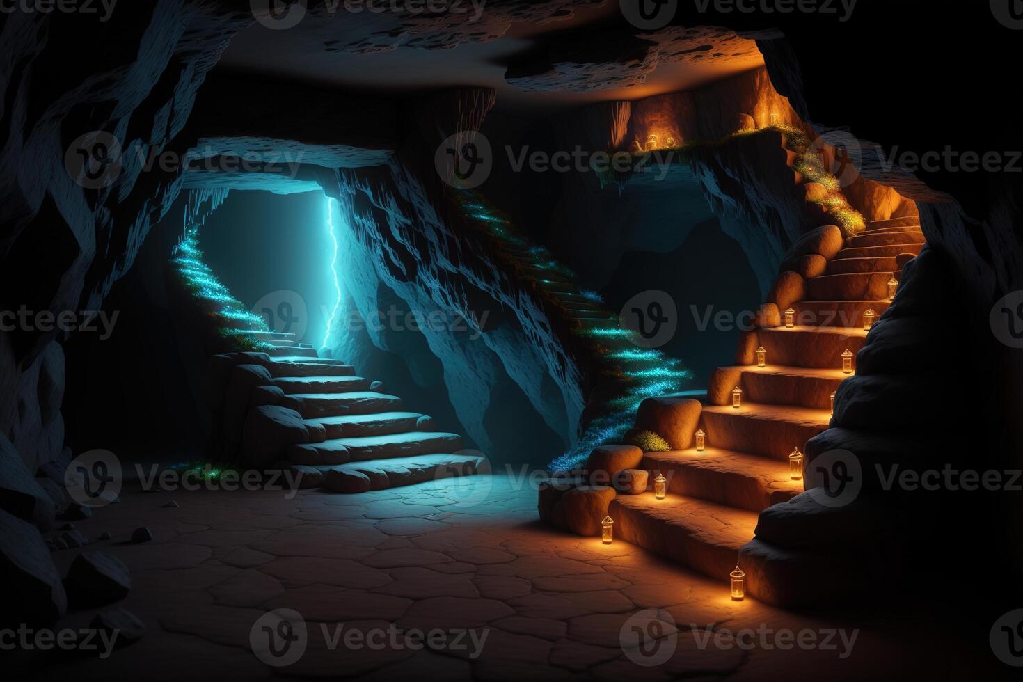 un cueva con pasos líder a el escalera ai generado foto
