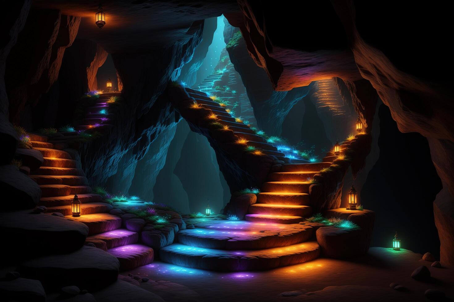 A cave with steps leading to the stairs photo