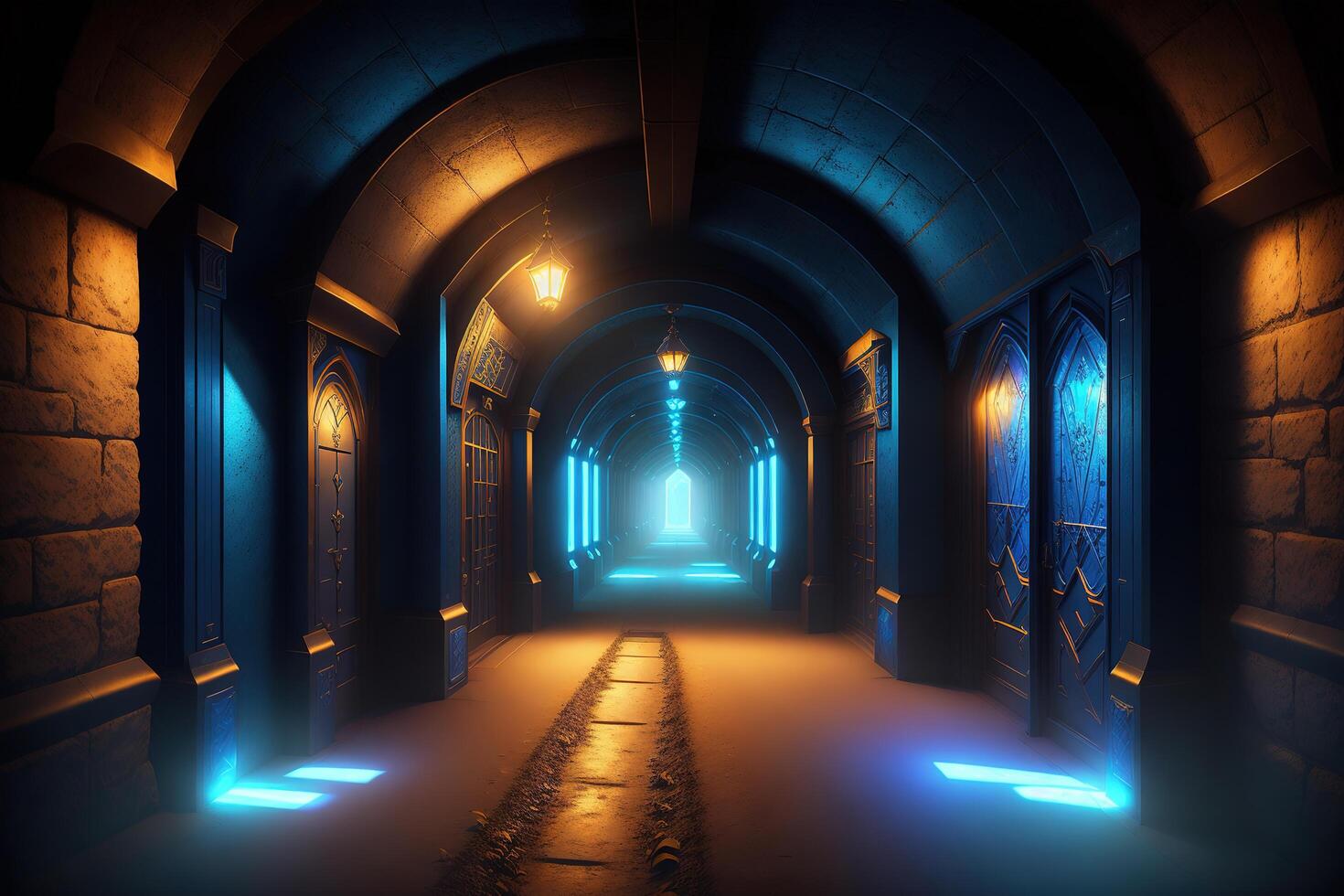 A dark tunnel with a blue light and a blue light photo