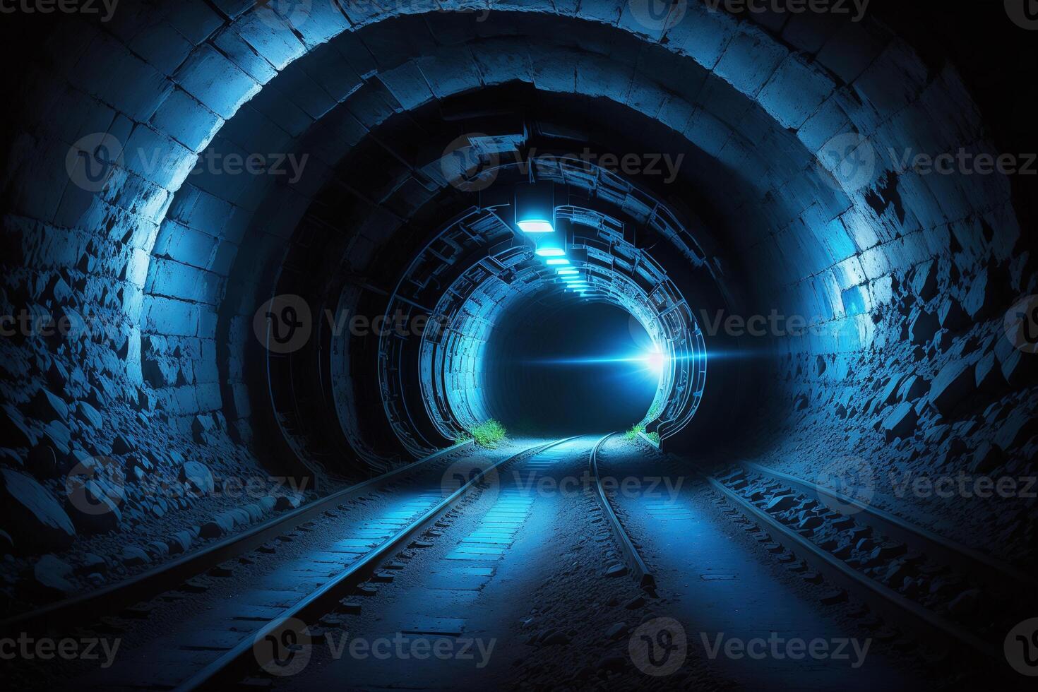 A dark tunnel with a blue light and a blue light photo