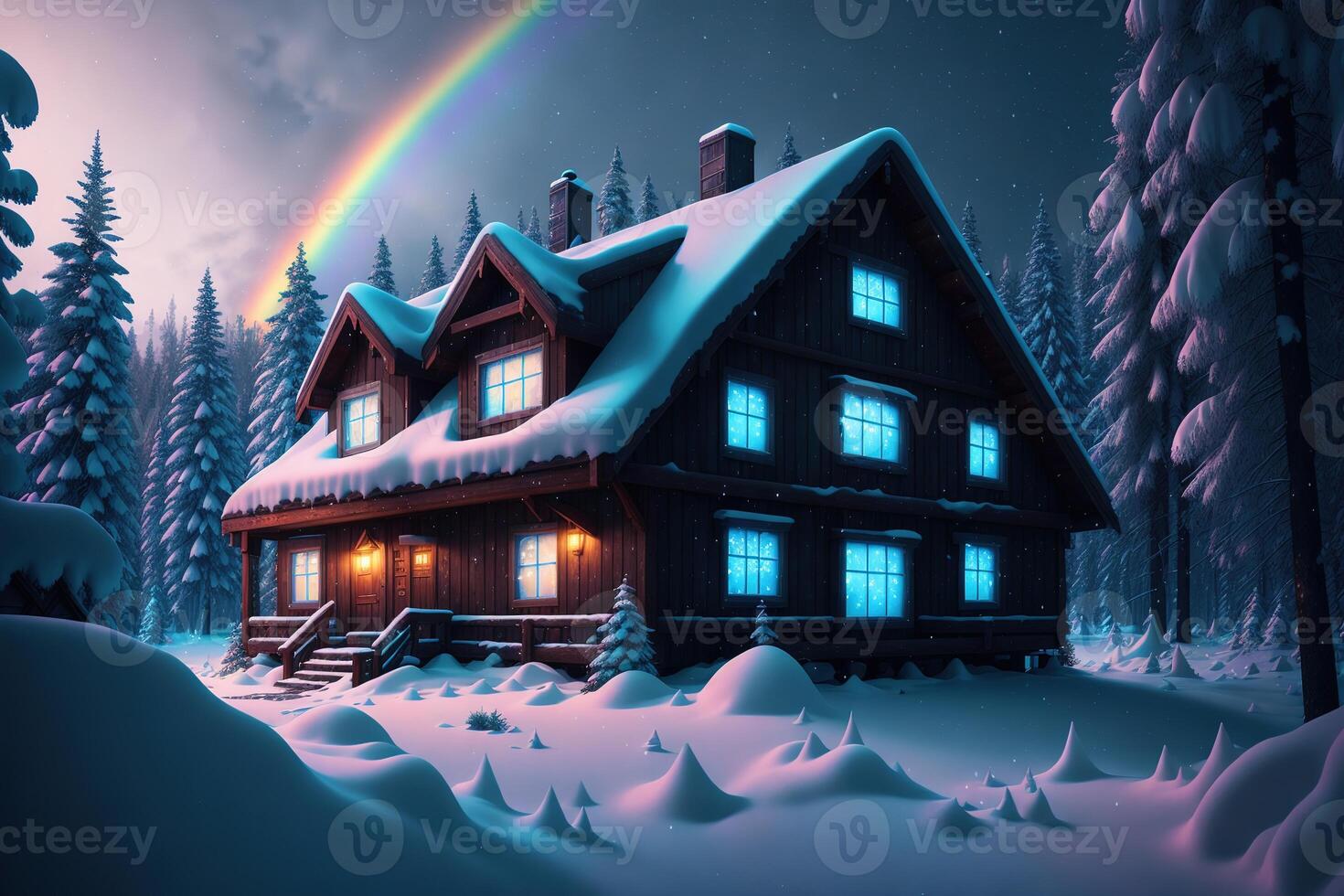 A snow - covered house in the forest with blue lights photo