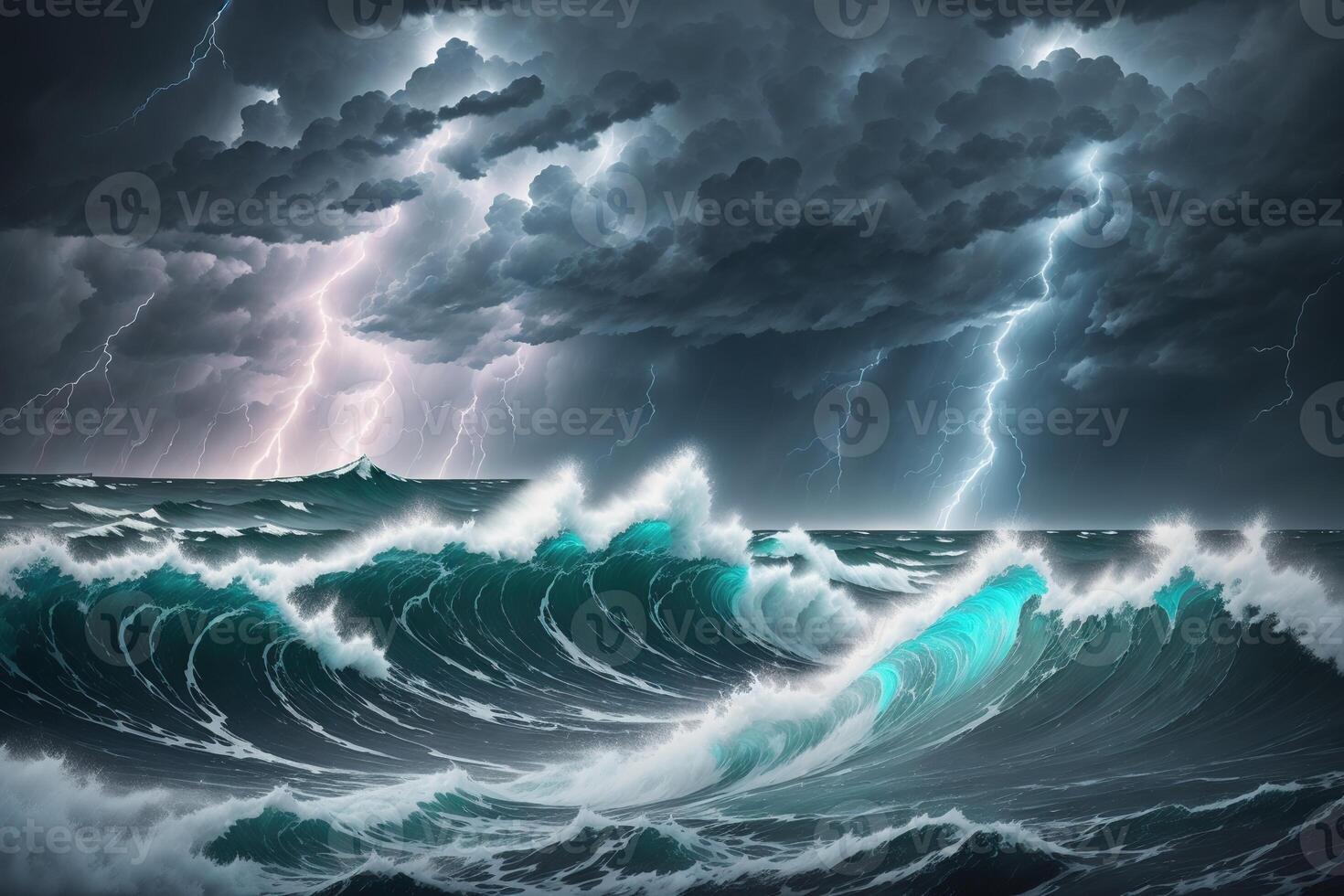 A storm over the ocean with a lightning bolt on the horizon photo