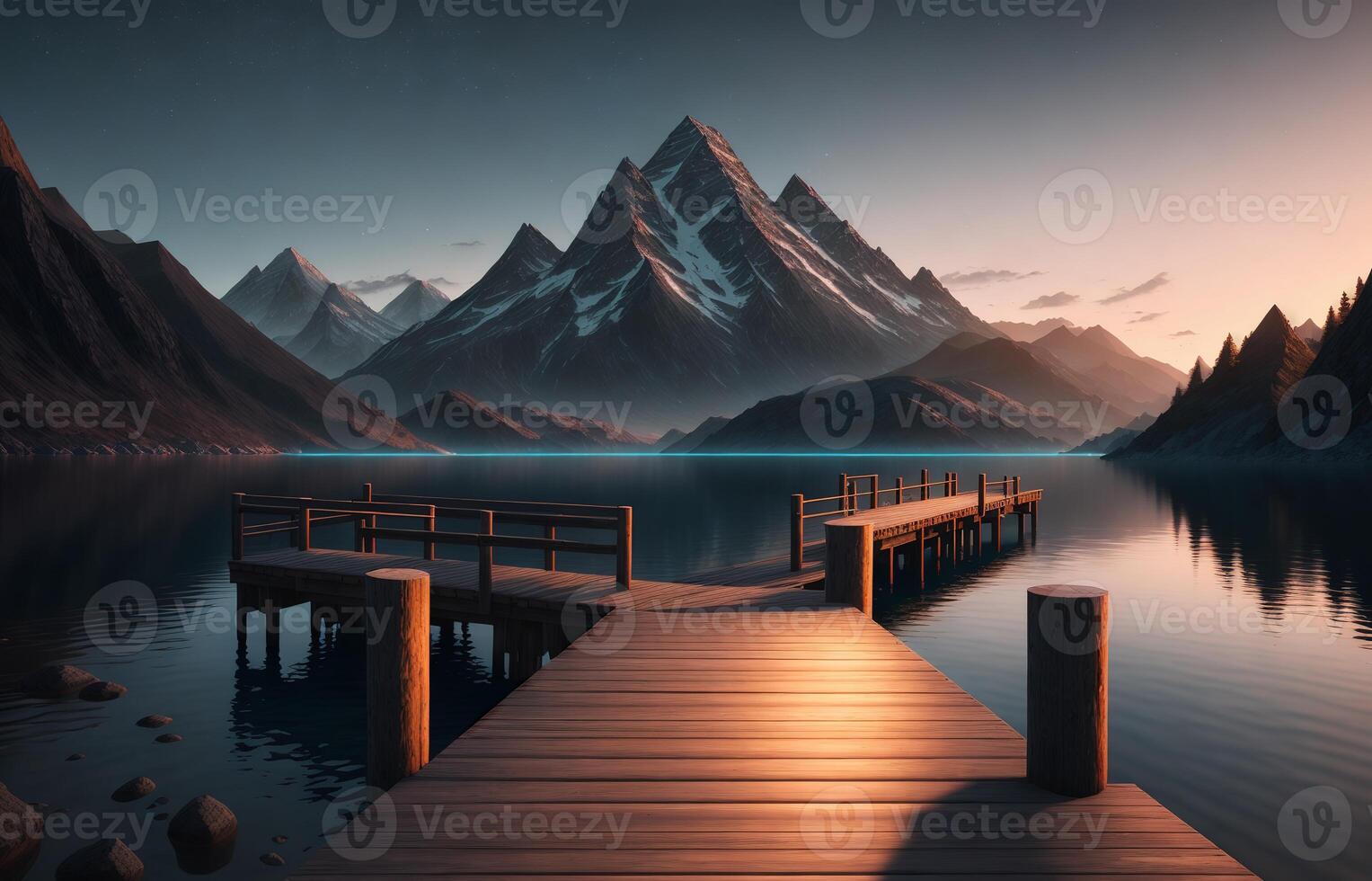 A wooden dock with a mountain in the background photo