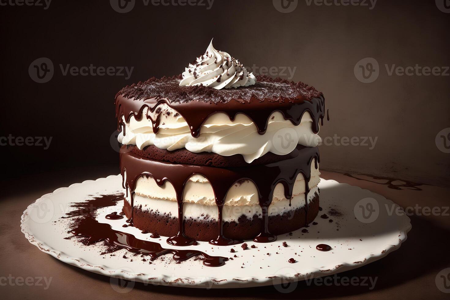 chocolate cake with chocolate syrup and whipped cream photo