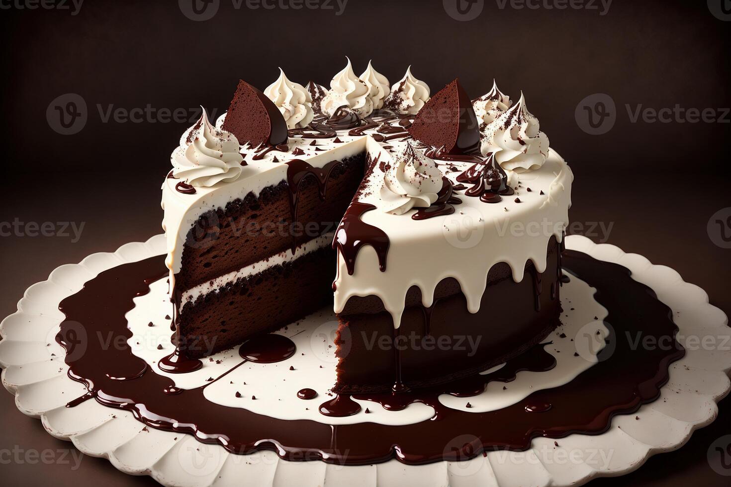 chocolate cake with chocolate syrup and whipped cream photo