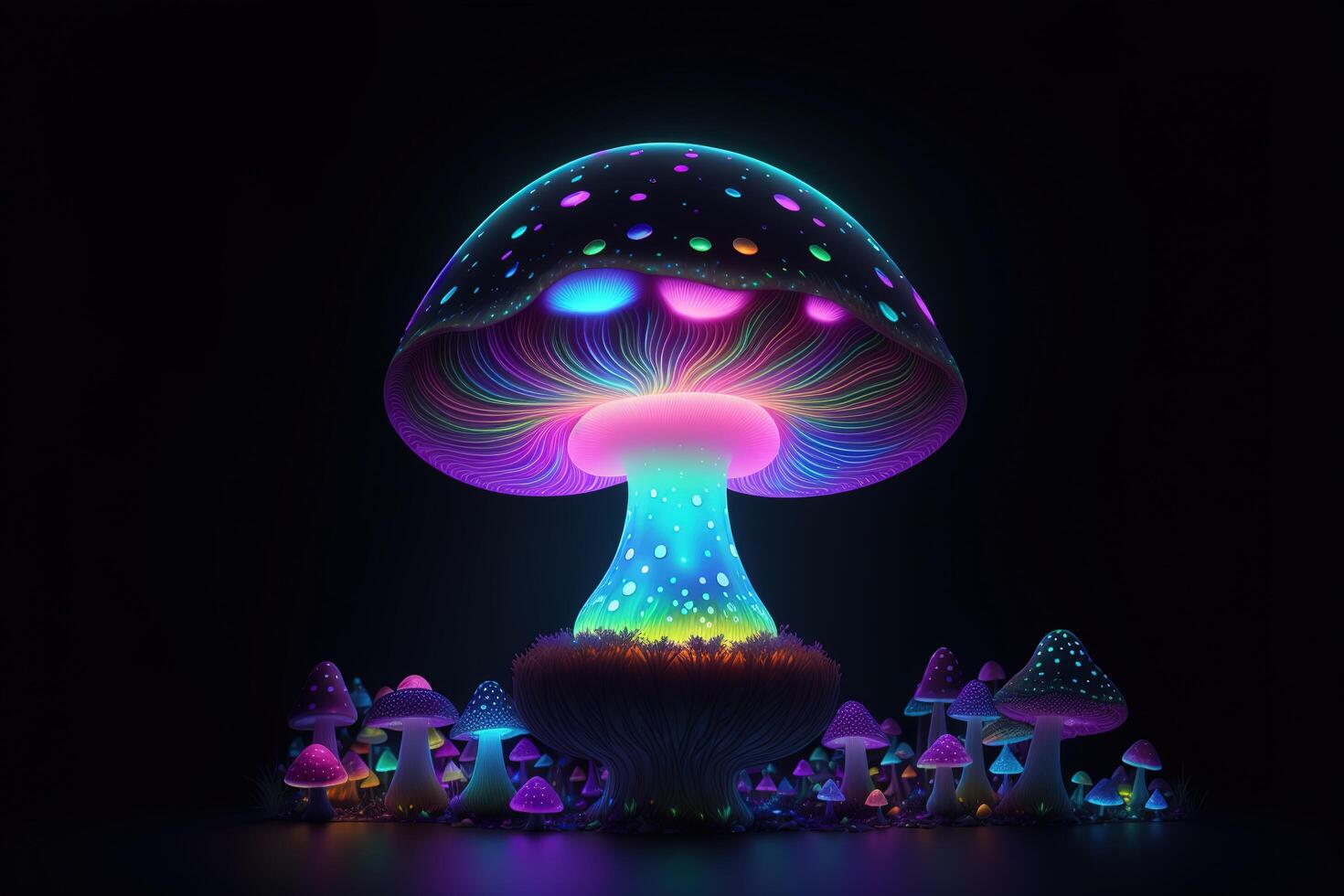 Glowing magic mushroom on black background photo