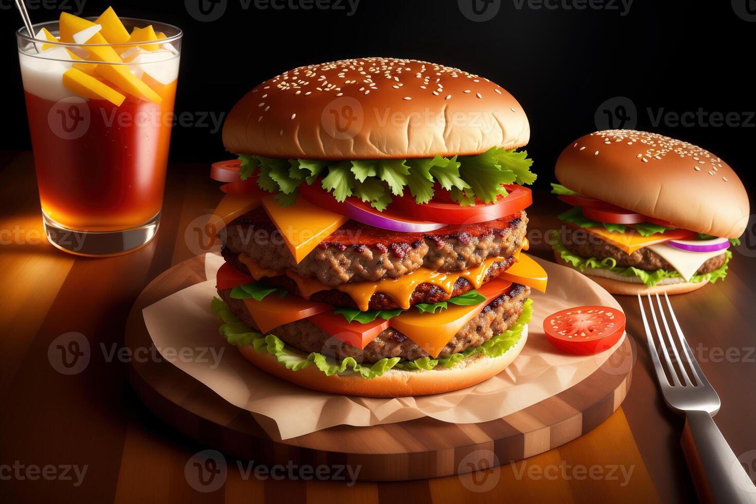 Fresh tasty homemade burger on wooden table photo