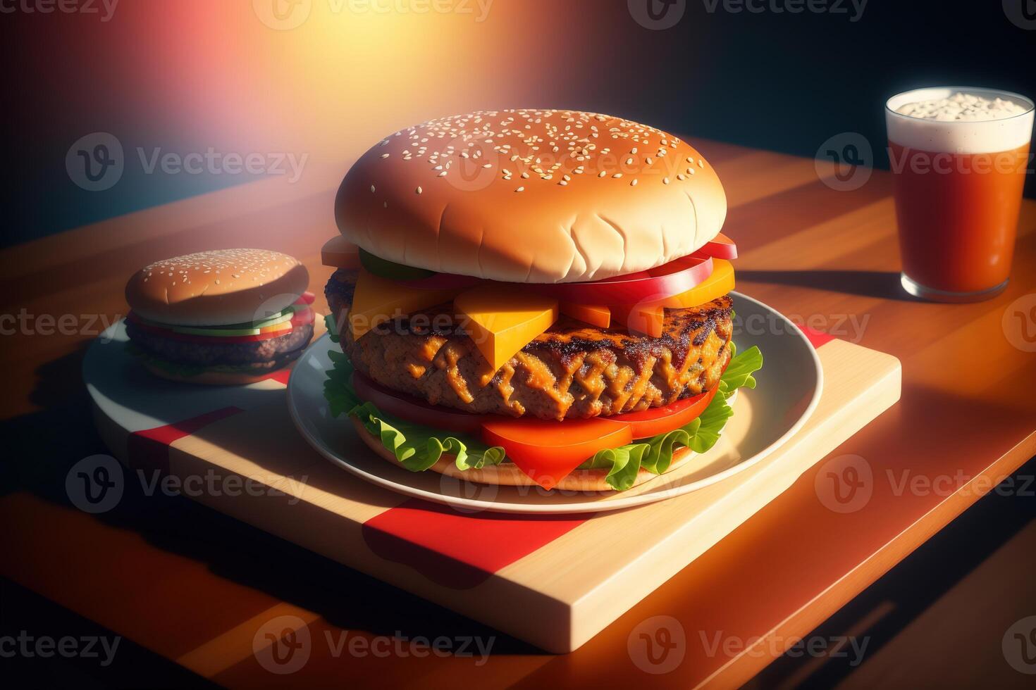 Fresh tasty homemade burger on wooden table photo