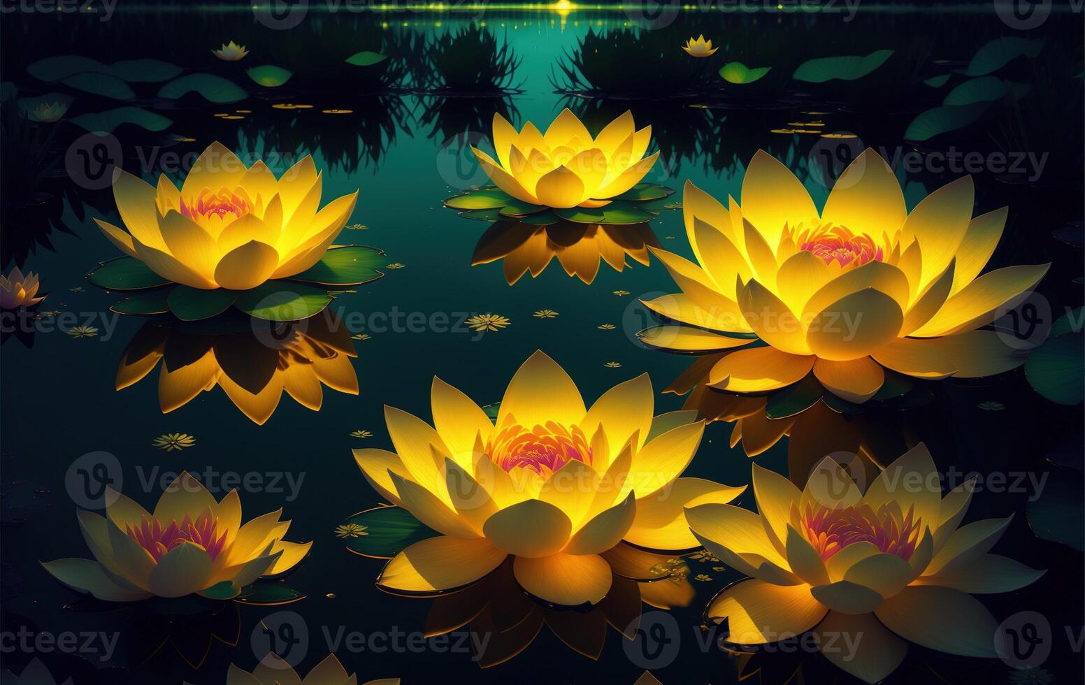 Golden lotus rose blooms at night in the water in the swamp fantasy magic flower yellow light photo
