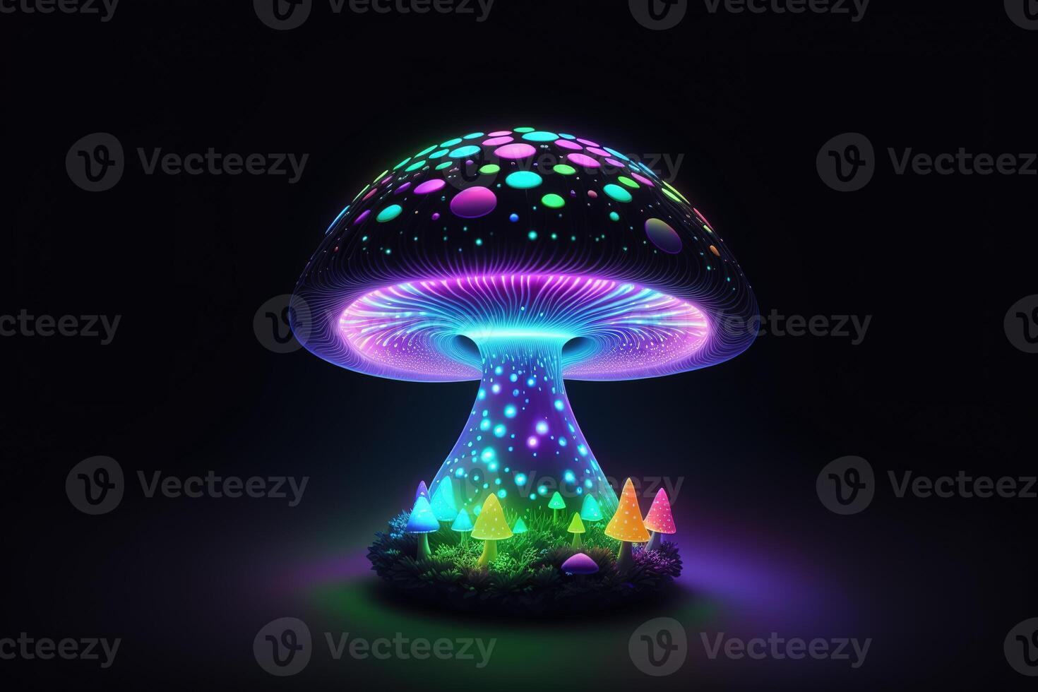 Glowing magic mushroom on black background photo