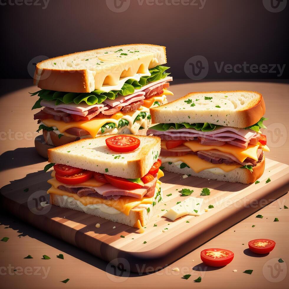 sandwiches on a cutting board with ham cheese and tomato photo