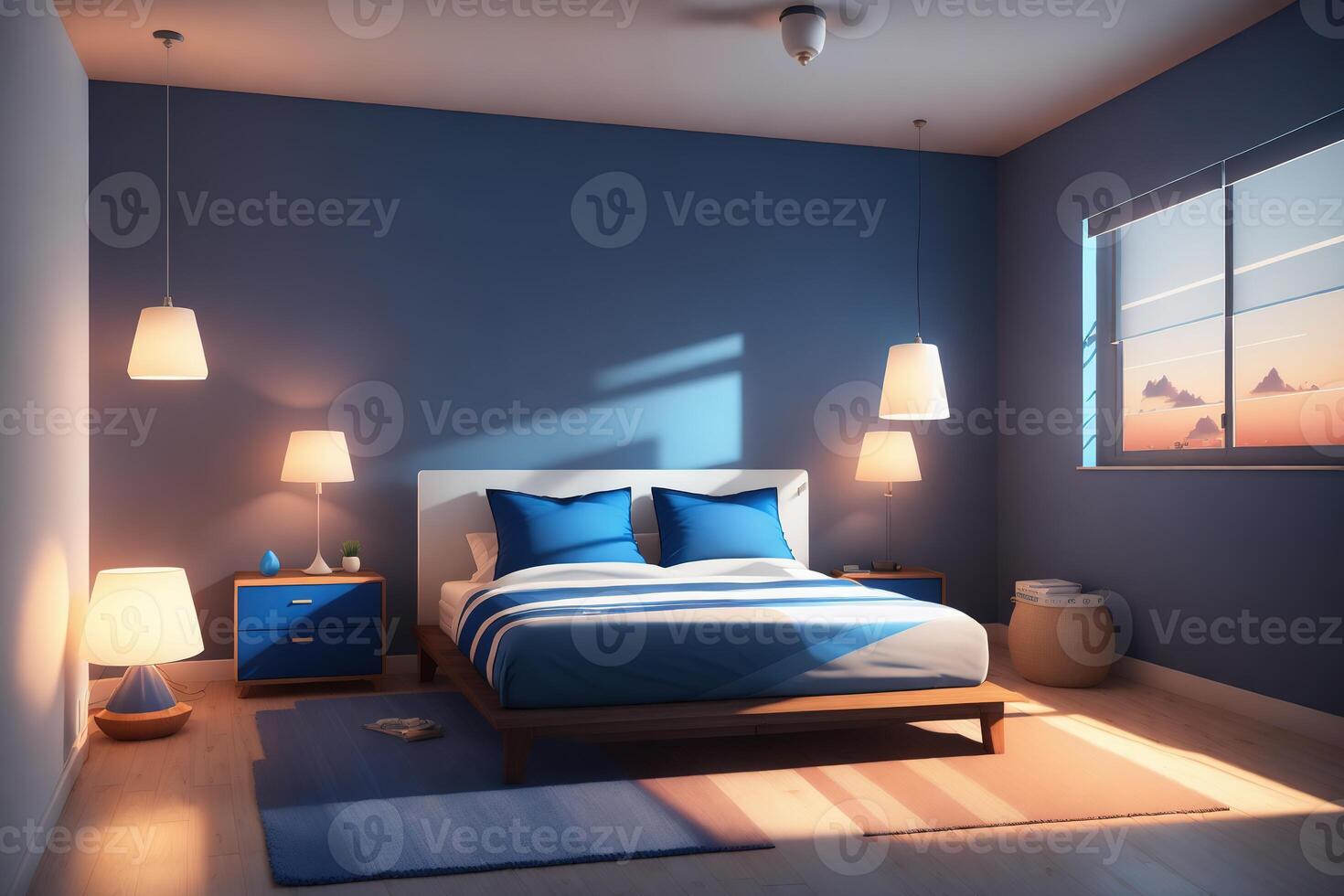 A bedroom with a blue bed and a white lamp on the wall photo