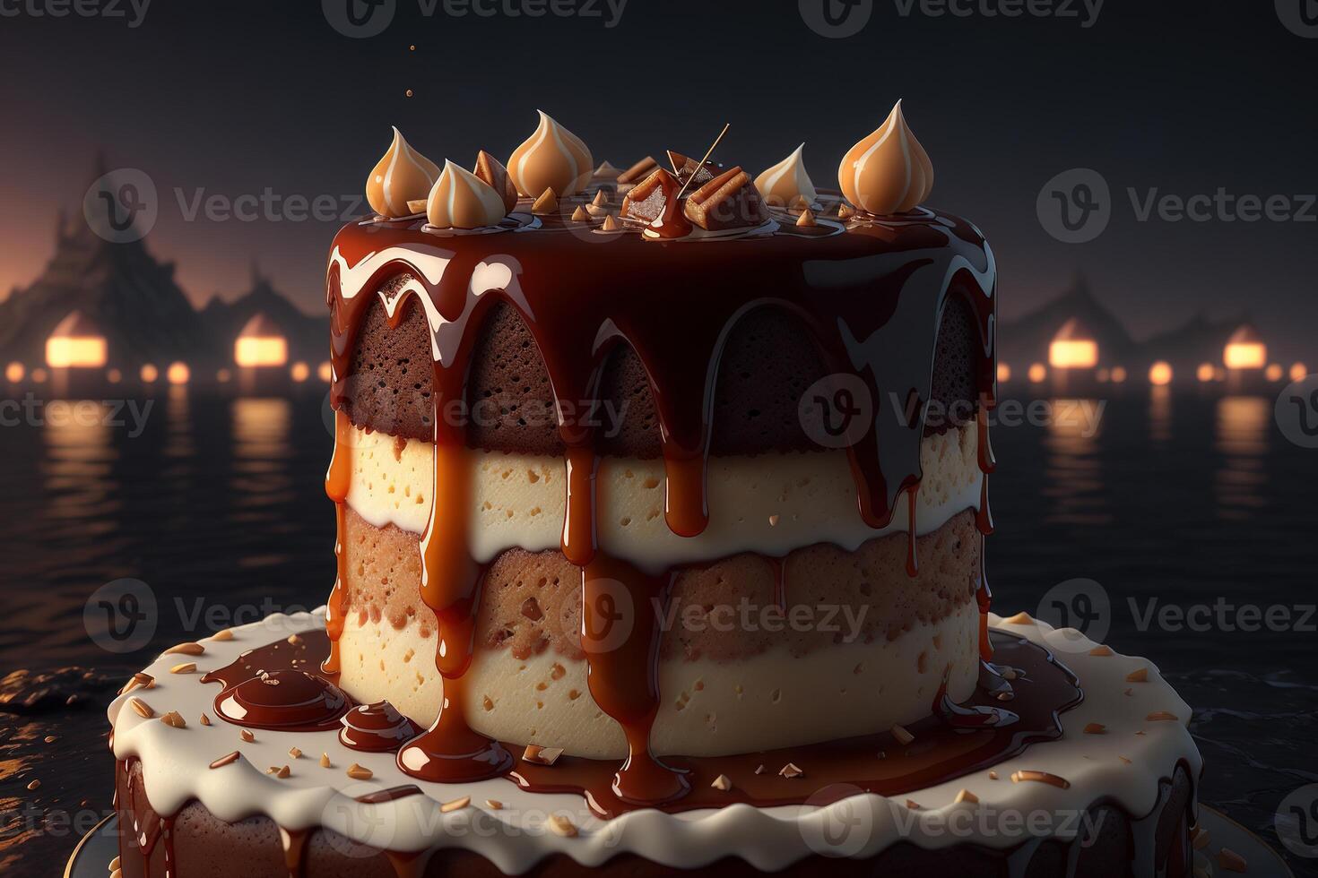 A cake with caramel sauce and nuts on it photo
