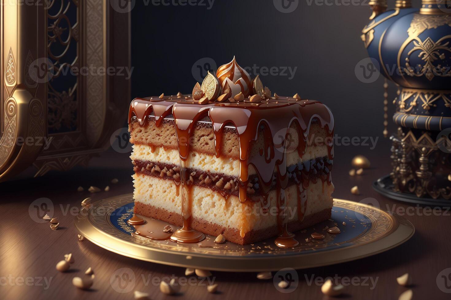 A cake with caramel sauce and nuts on it photo