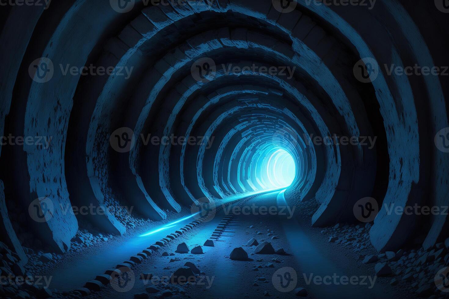 A dark tunnel with a blue light and a blue light photo