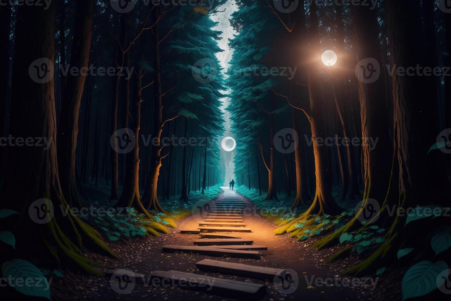 A path in the woods with the moon in the background photo